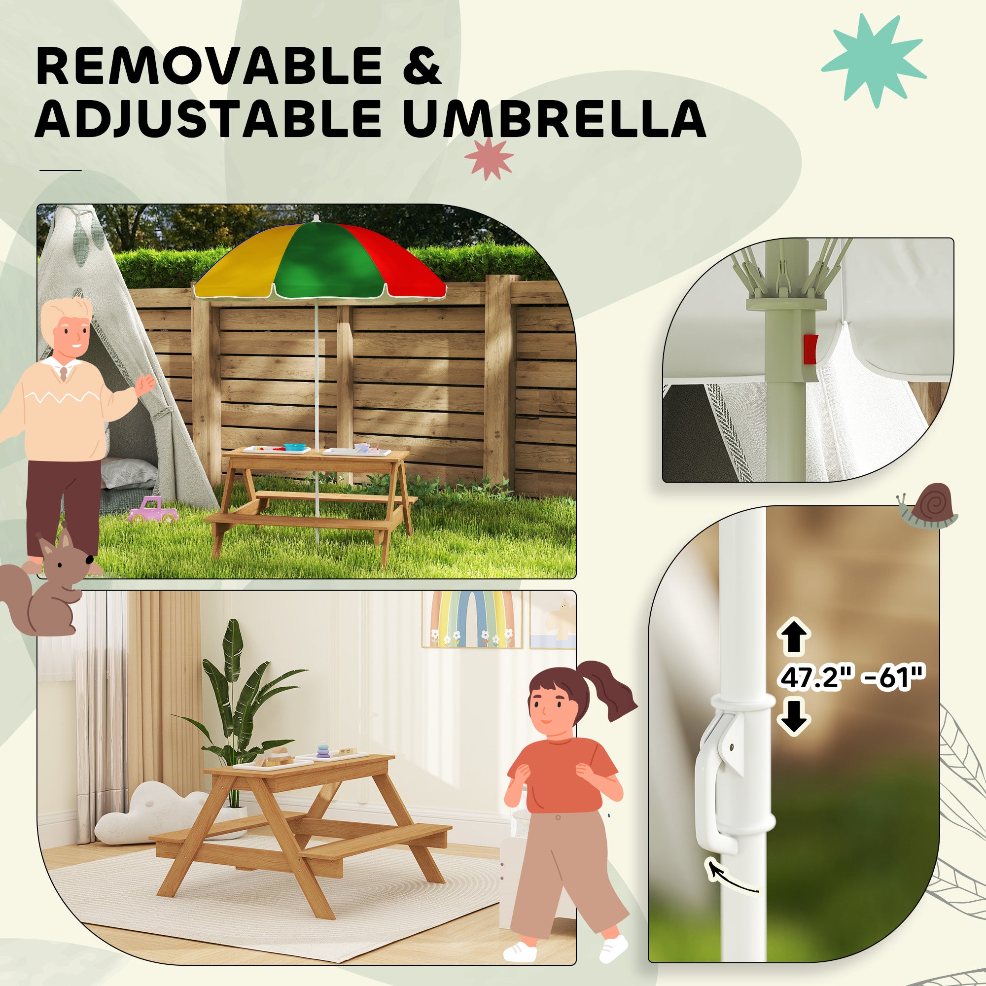 Wooden Outdoor Kids Picnic Table with Removable Umbrella, Children Sand and Water Activity Table for Patio, Mixed Color