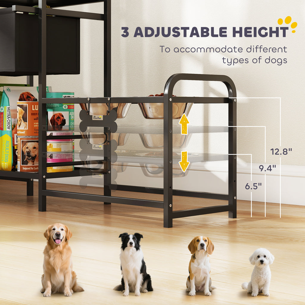 3 Height Adjustable Dog Bowl Stand with 2 Feeding Stations, Toy Bin Basket, Black