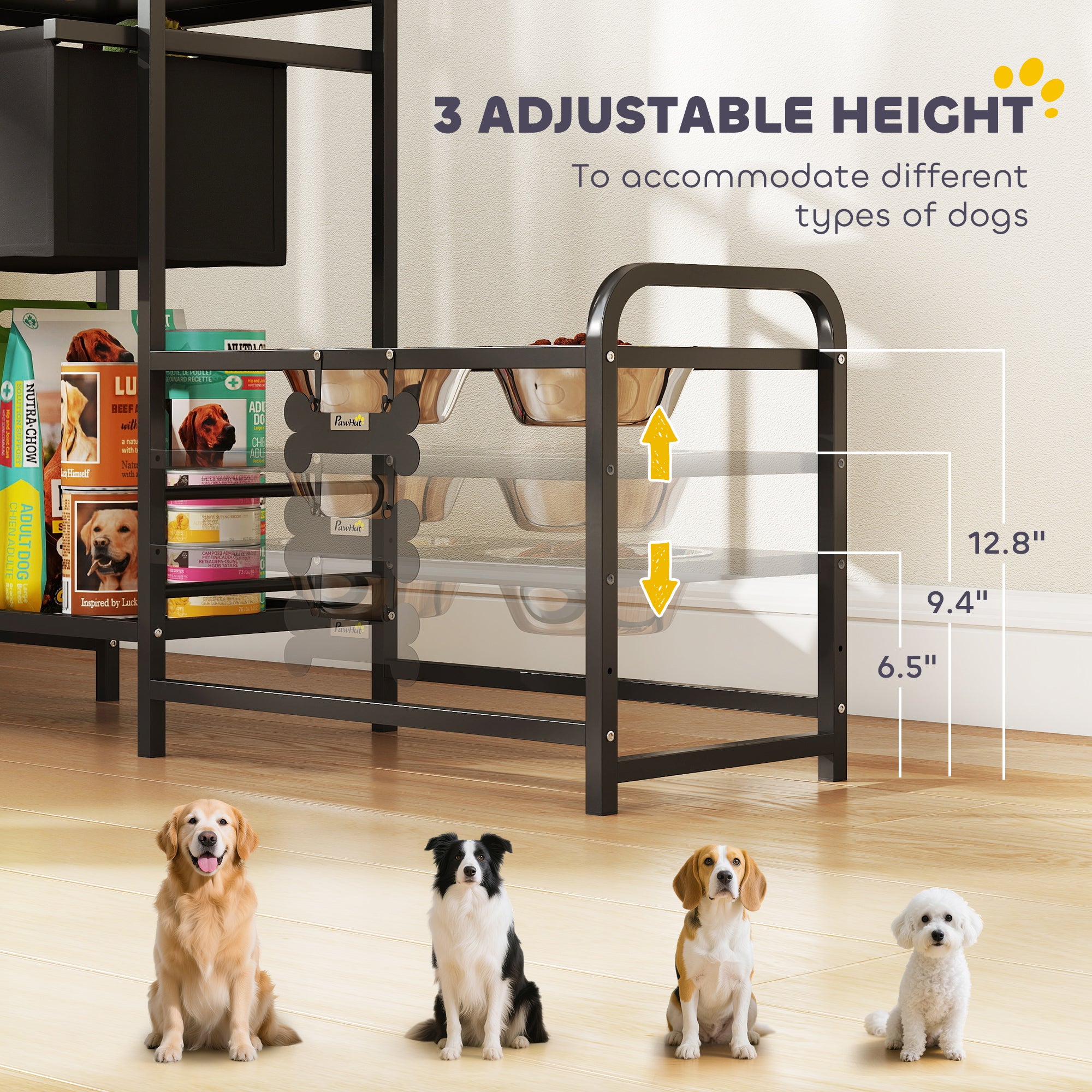 3 Height Adjustable Dog Bowl Stand with 2 Feeding Stations, Toy Bin Basket, Black