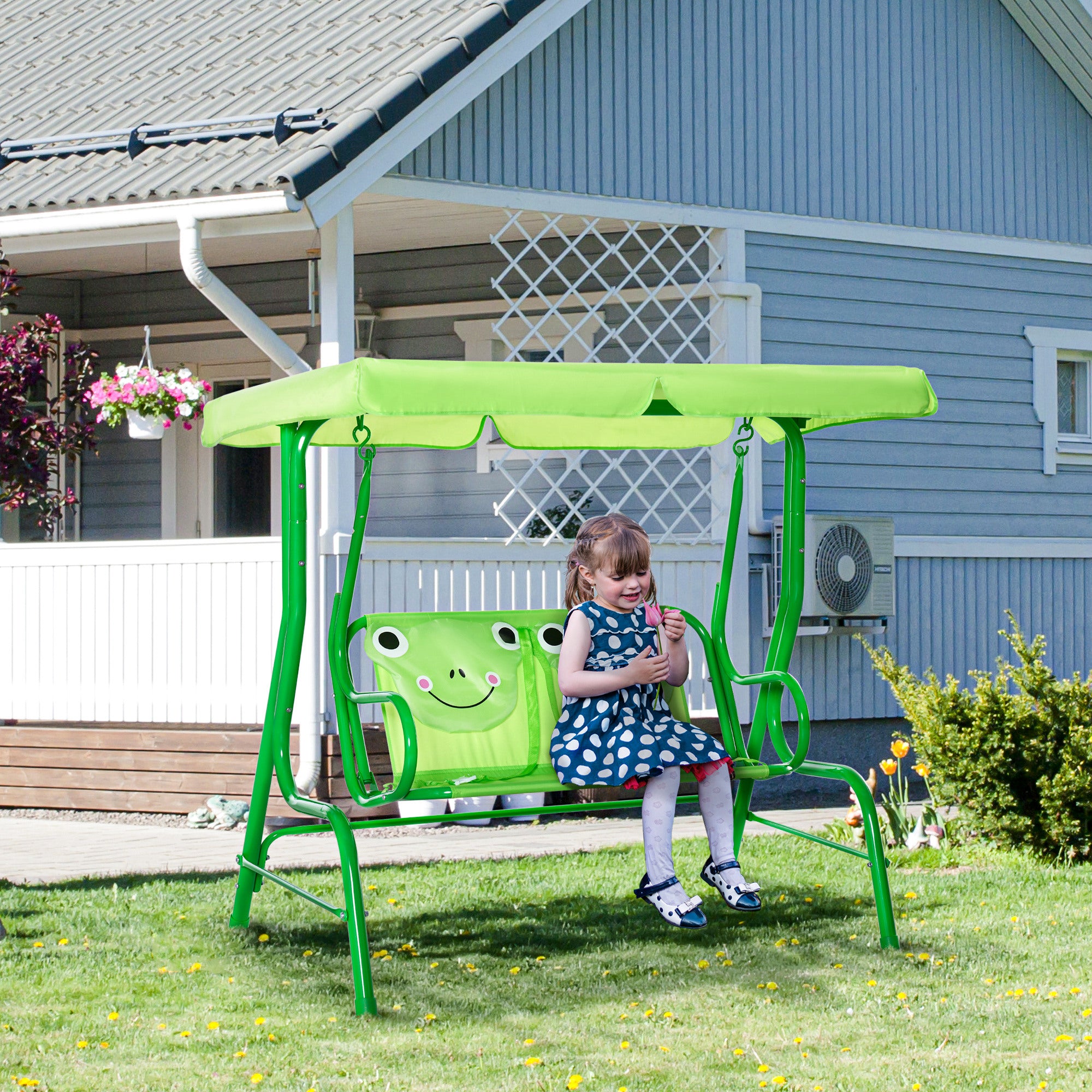 Kids Patio Swing, Adjustable Canopy Swing Glider, Kids Outdoor Swing Chair with 2 Seats, Seat-Belted Safety, Green