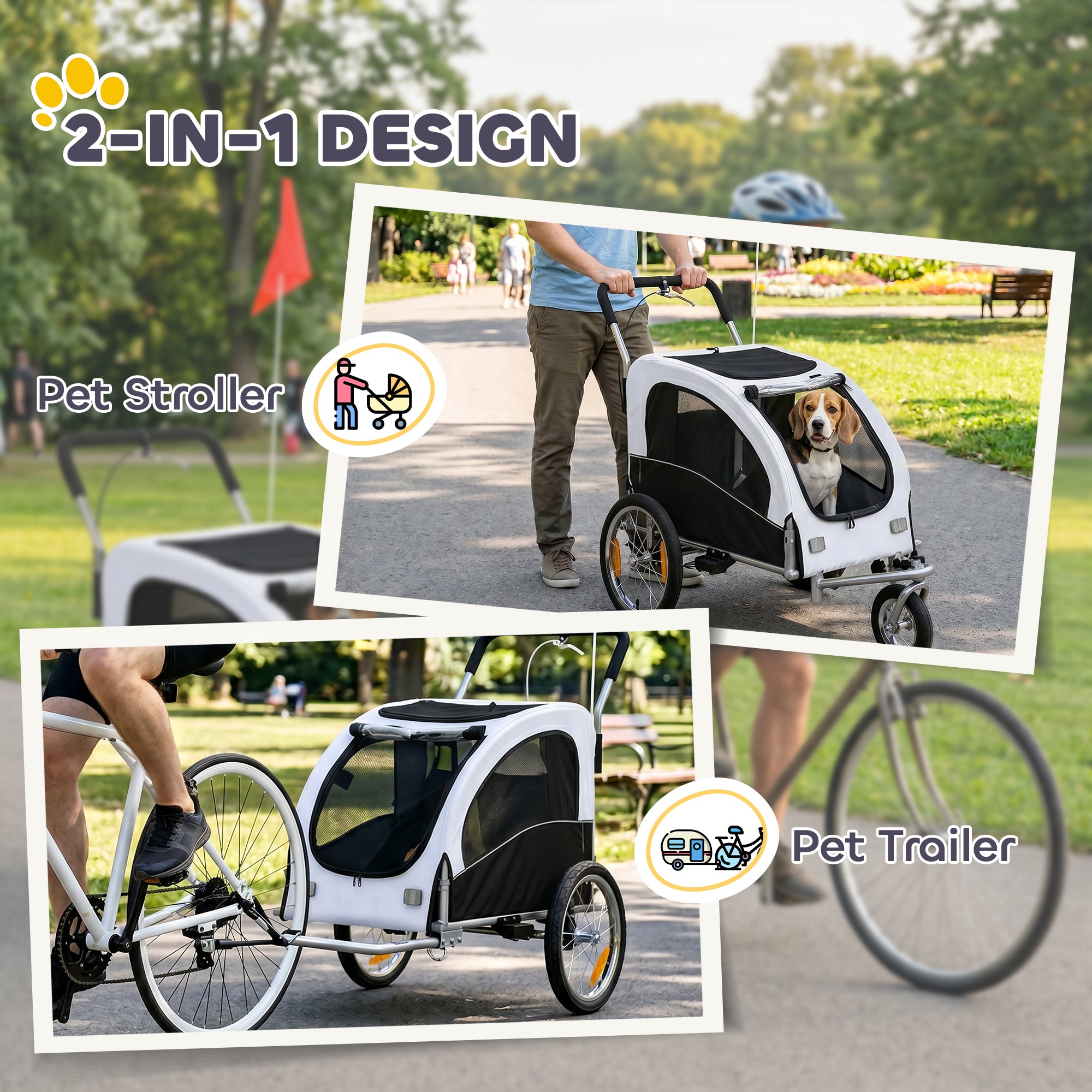 2 in 1 Dog Bike Trailer, Foldable Pet Stroller, Dog Bicycle Trailer with Suspension, for Medium Dogs up to 44 LBS, White