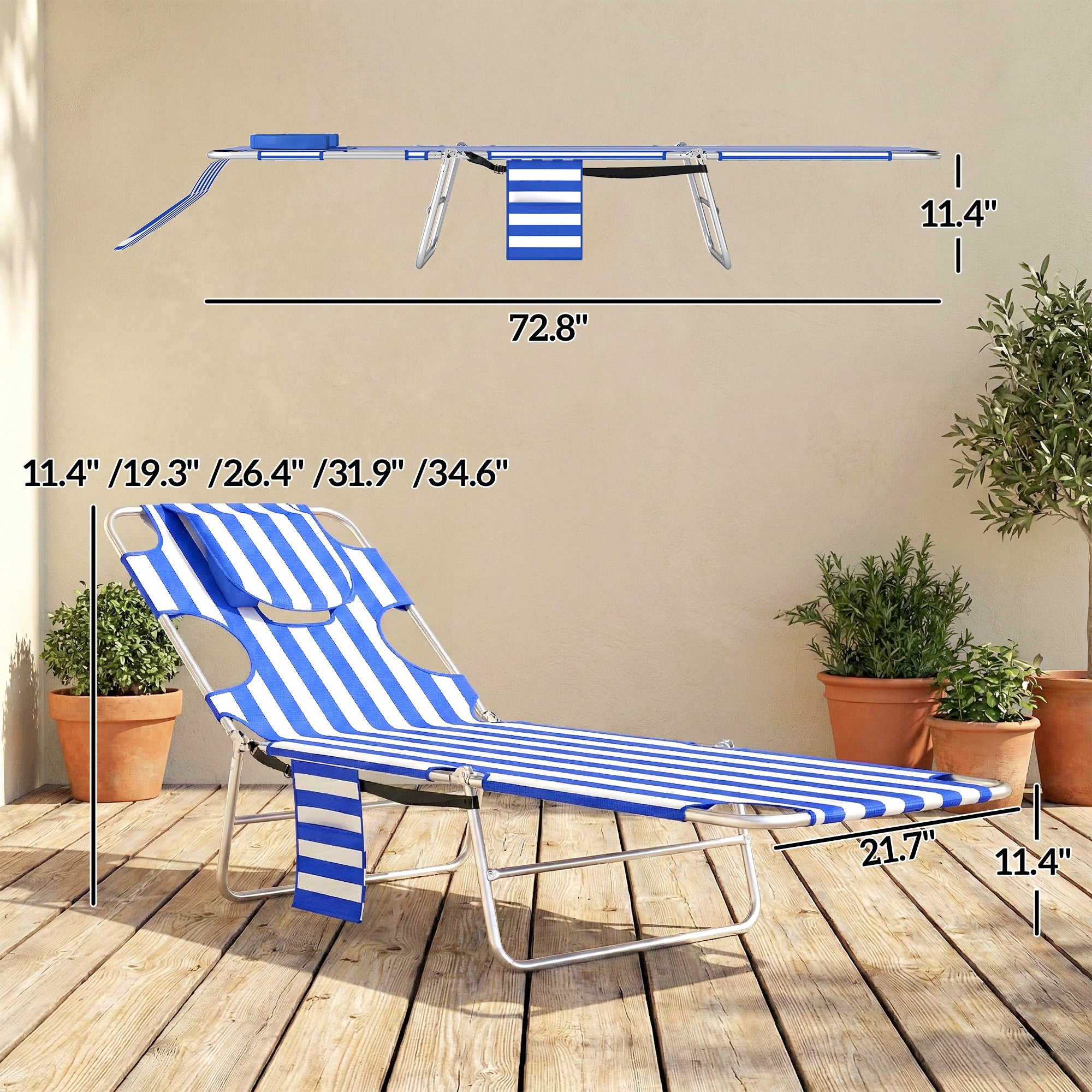 Tanning Chair with Face Hole, 5-Level Adjustable Outdoor Chaise Lounge Chair with Pillow for Beach, Pool, Blue Stripes