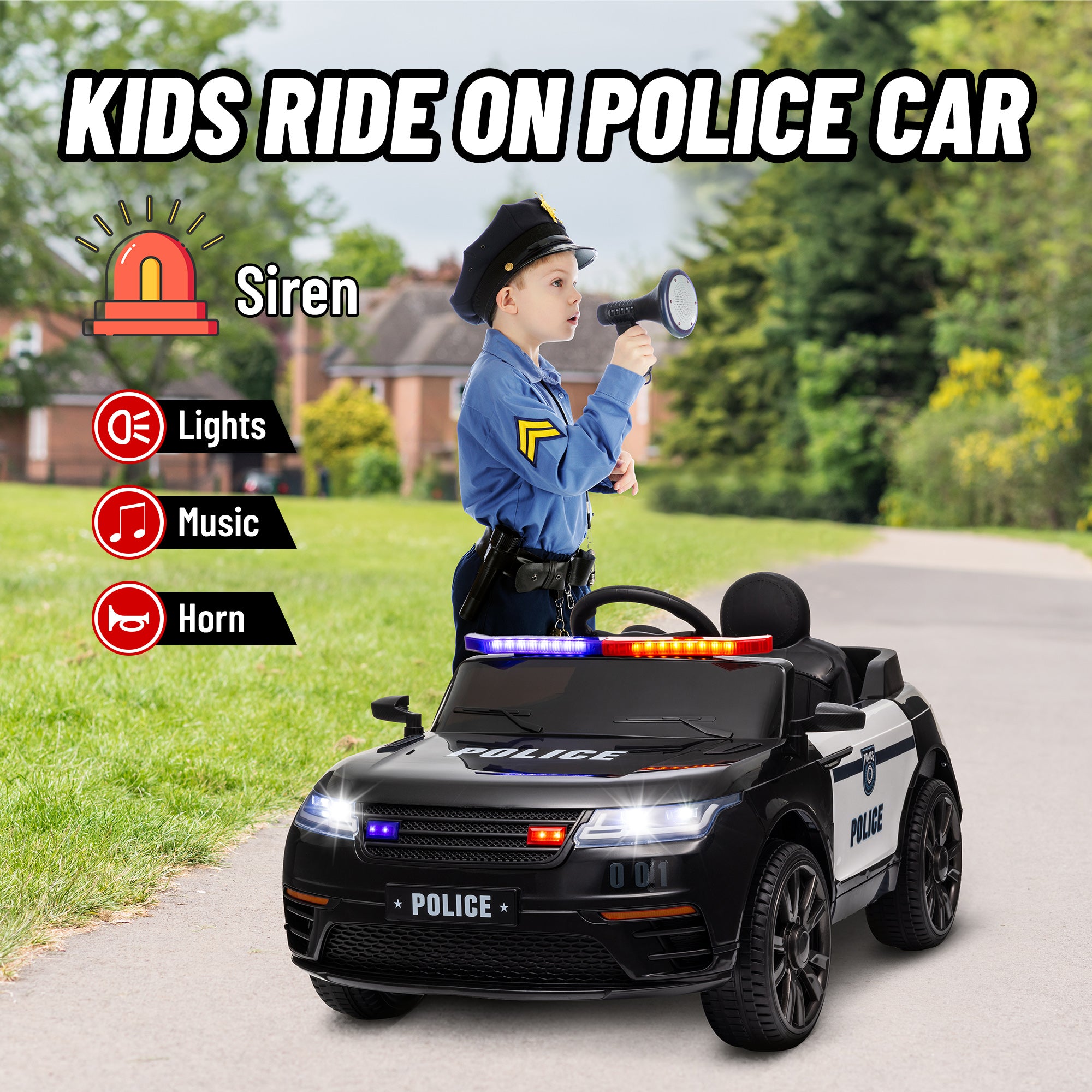 12V Kids Ride on Car w/ Remote Control, Siren, Light, Music, Spring Suspension, Horn & Transport Wheel, Black