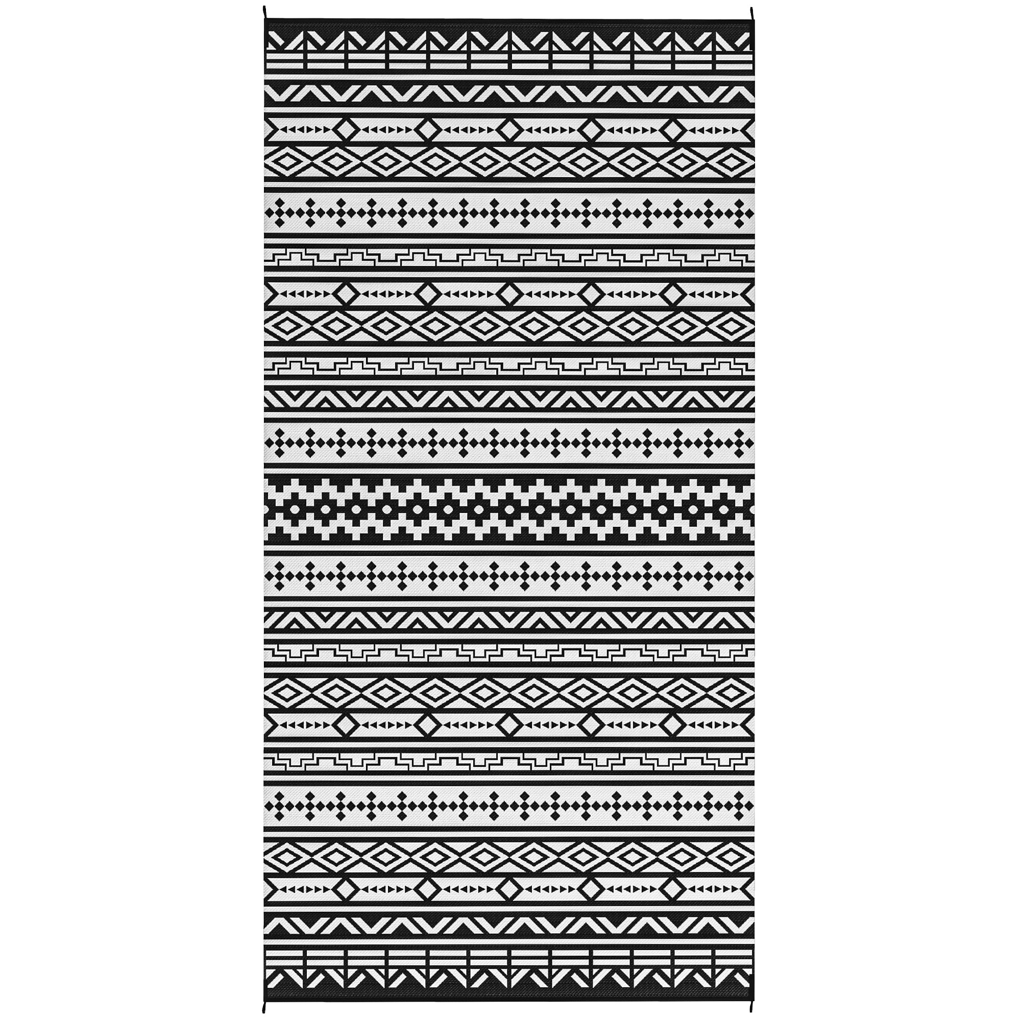 Reversible Outdoor Rug, Waterproof Plastic Straw with Carry Bag, 9' x 18', Black & White Geometric Wall