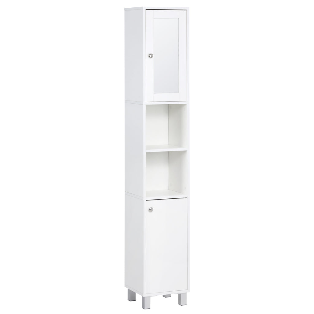 Tall Bathroom Storage Cabinet with Mirror, Wooden Freestanding Tower Cabinet with Adjustable Shelves for Bathroom or Living Room, White