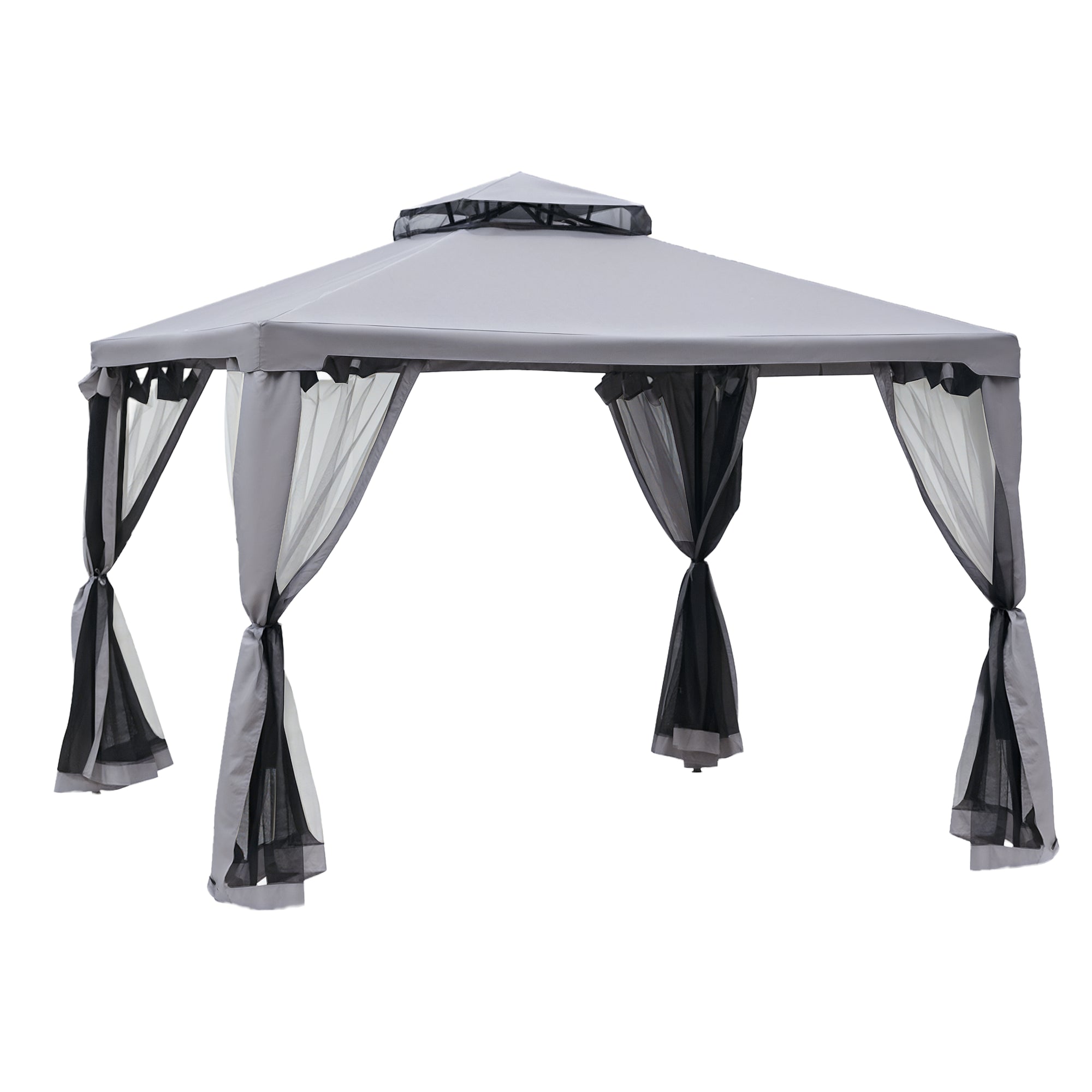9.6' x 9.6' Patio Gazebo, Outdoor Canopy Shelter with 2-Tier Roof and Netting, Steel Frame for Garden, Lawn, Backyard, and Deck, Gray