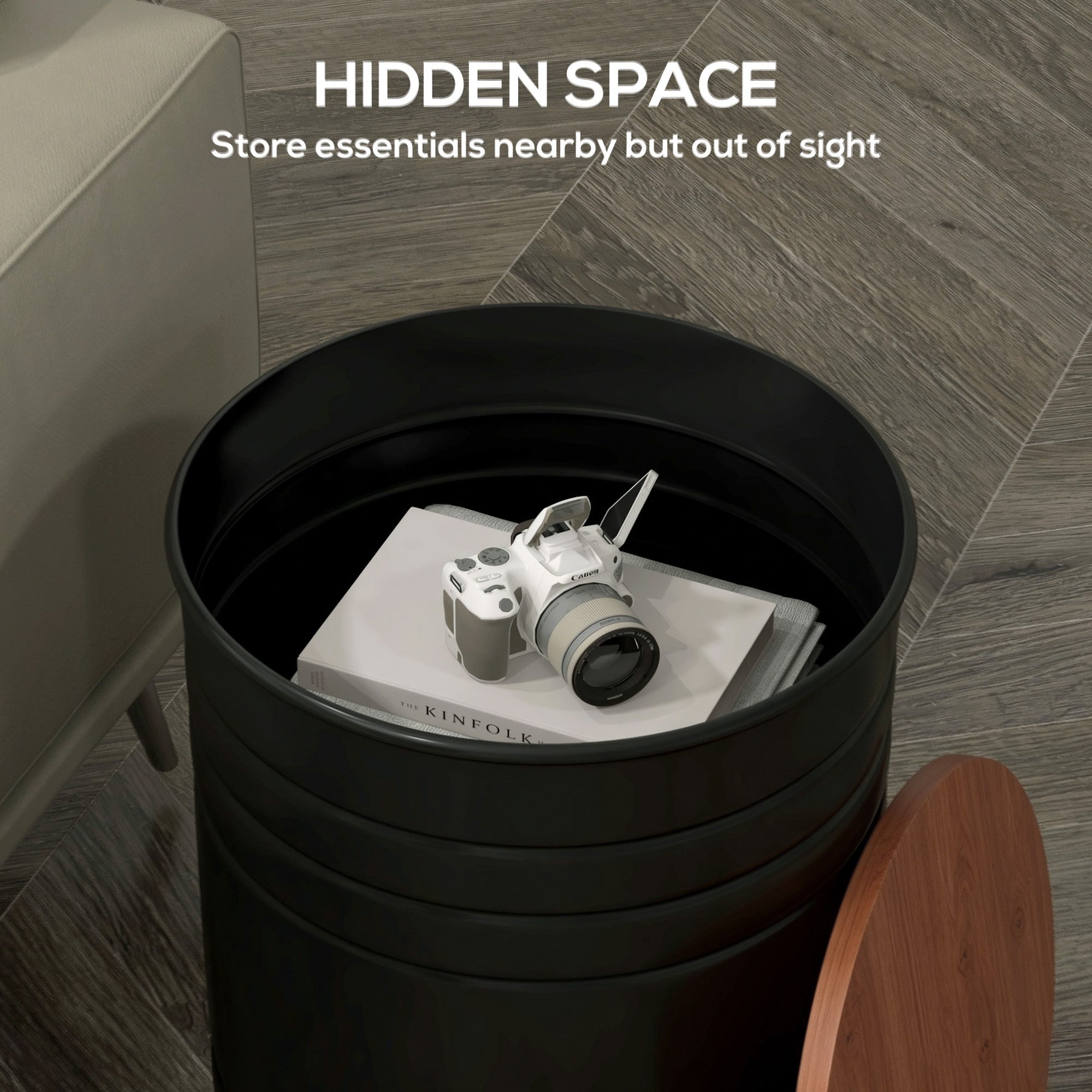 Round Storage Ottoman Set of 2, Nesting Ottomans with Wooden Lid, Metal Frame and Hidden Storage Space for Bedroom