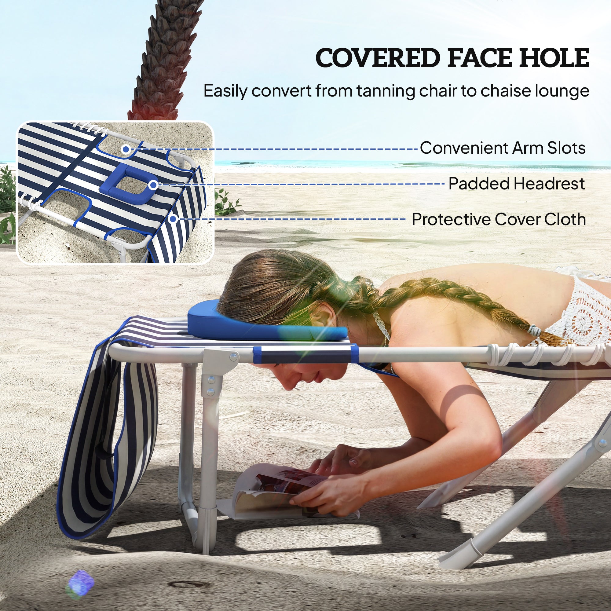 Tanning Chair Set of 2 with Face Hole and Side Table, 5-Position Folding Outdoor Chaise Lounge Chair, Blue and White