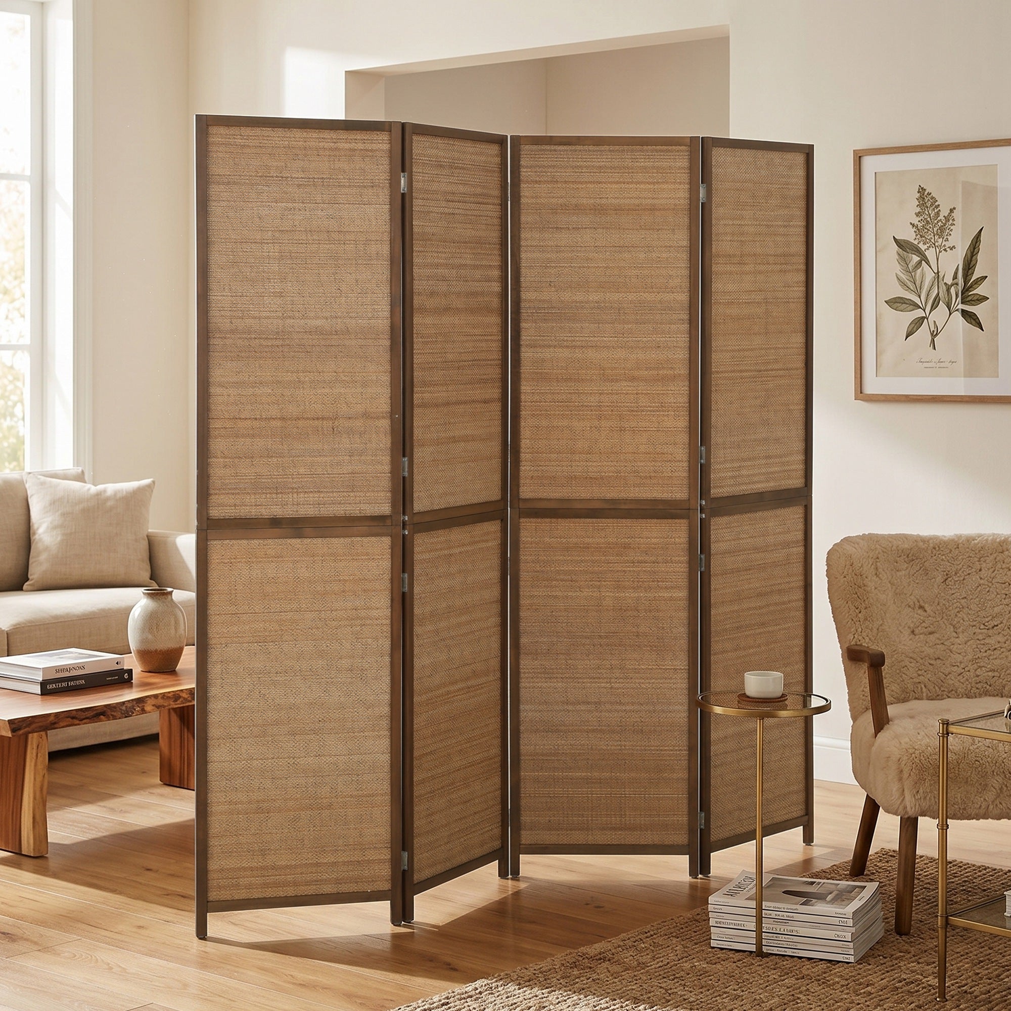 Room Divider, 4 Panel Folding Privacy Screen, 6 FT Tall Hand-Woven Bamboo Wall Partition, Brown
