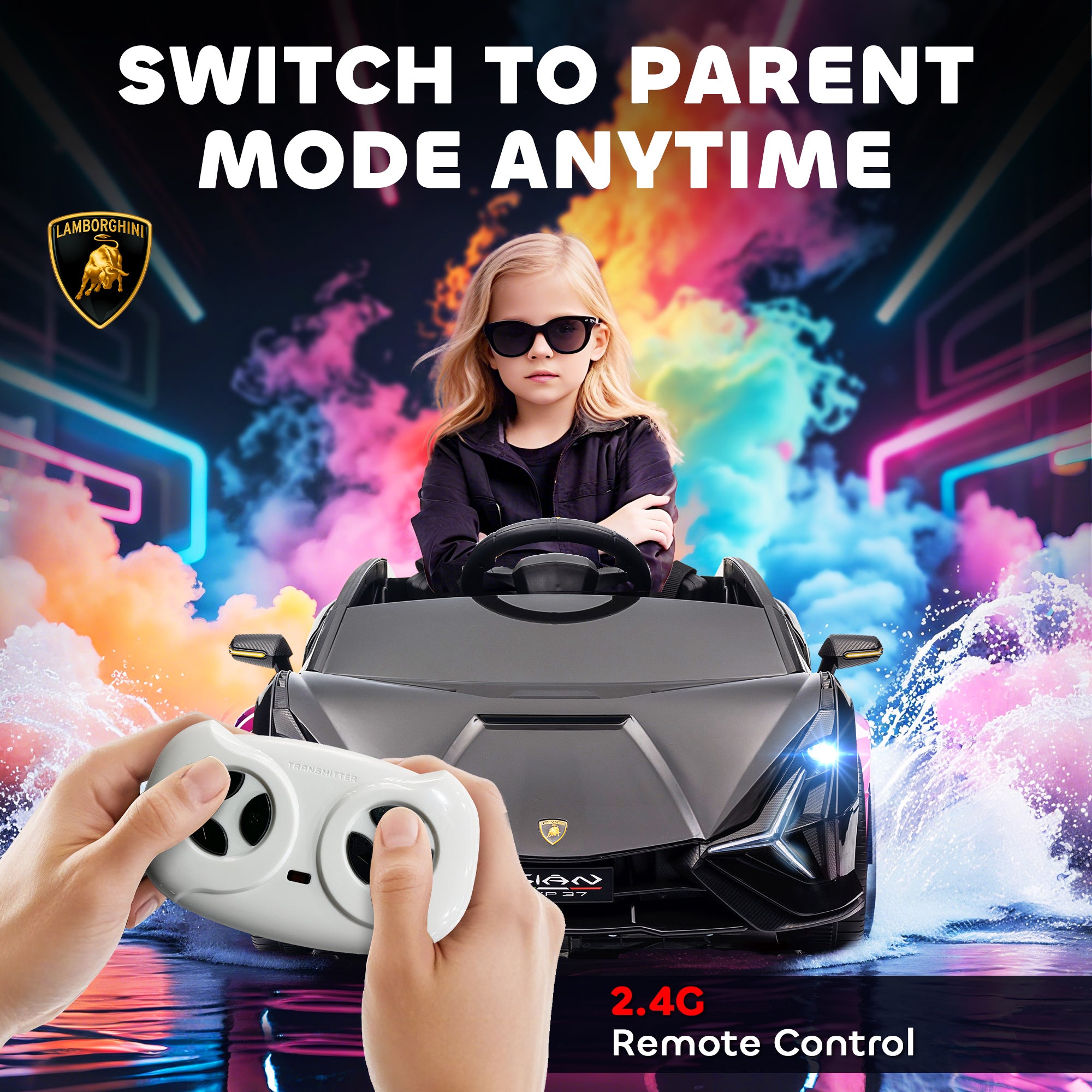 12V SIAN Licensed Electric Car for kids with Remote Control, Horn, Music, & Headlights, Black