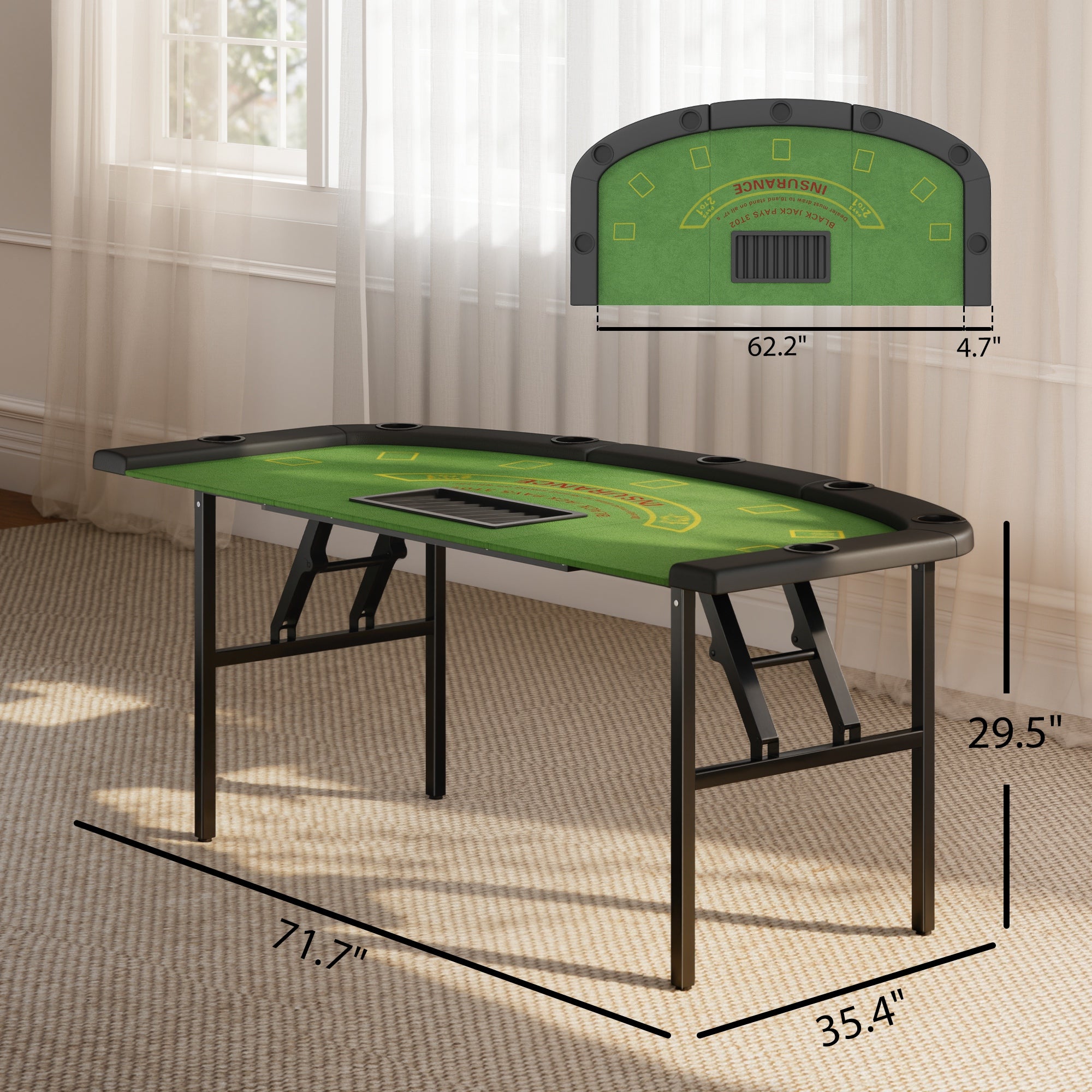 Poker Table Foldable, 72" Portable Casino Blackjack Table for 8 Players with Felt Surface, Cup Holders, Green
