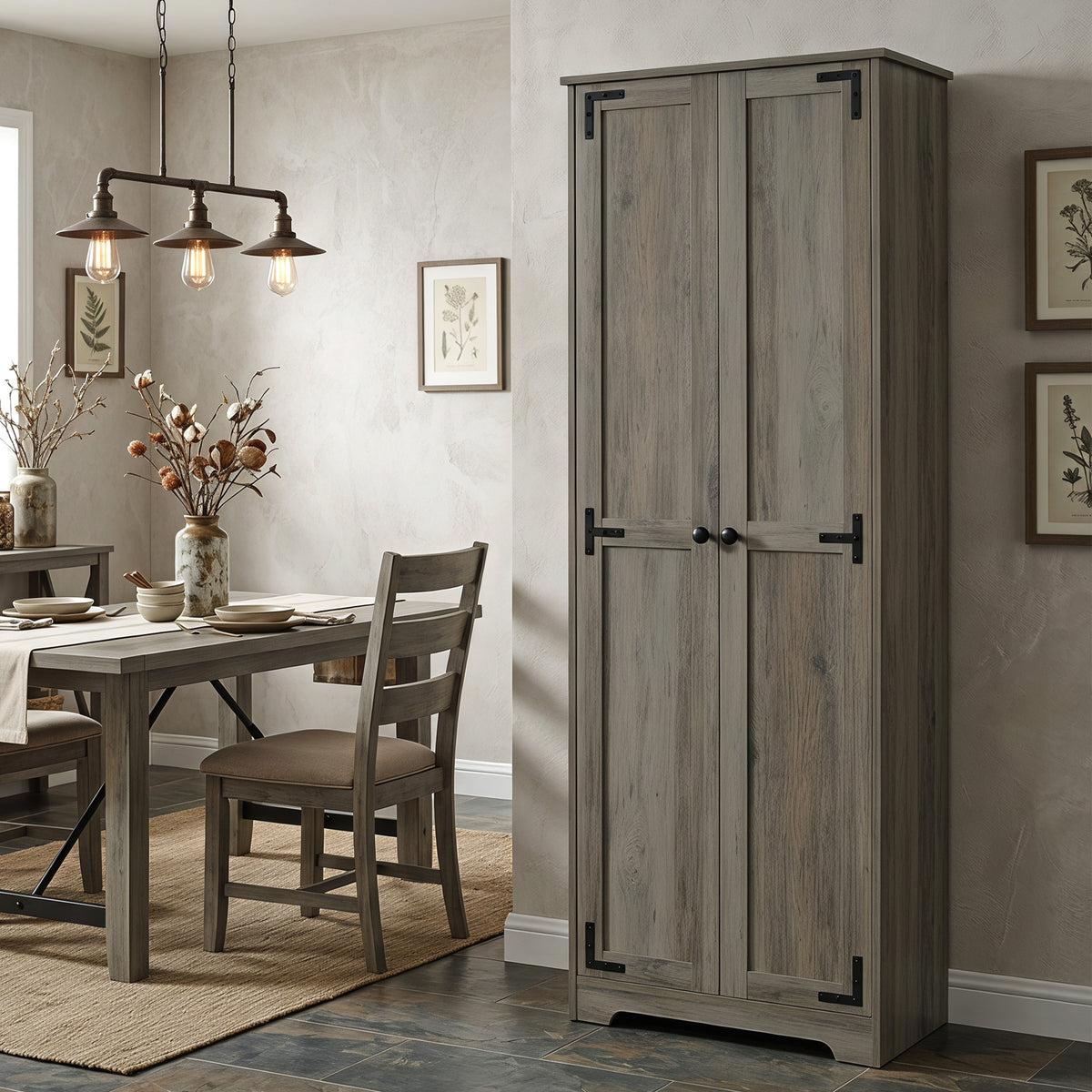 67" Farmhouse Pantry Cabinet, Freestanding Food Pantry Cabinet with Adjustable Shelves, Distressed Gray