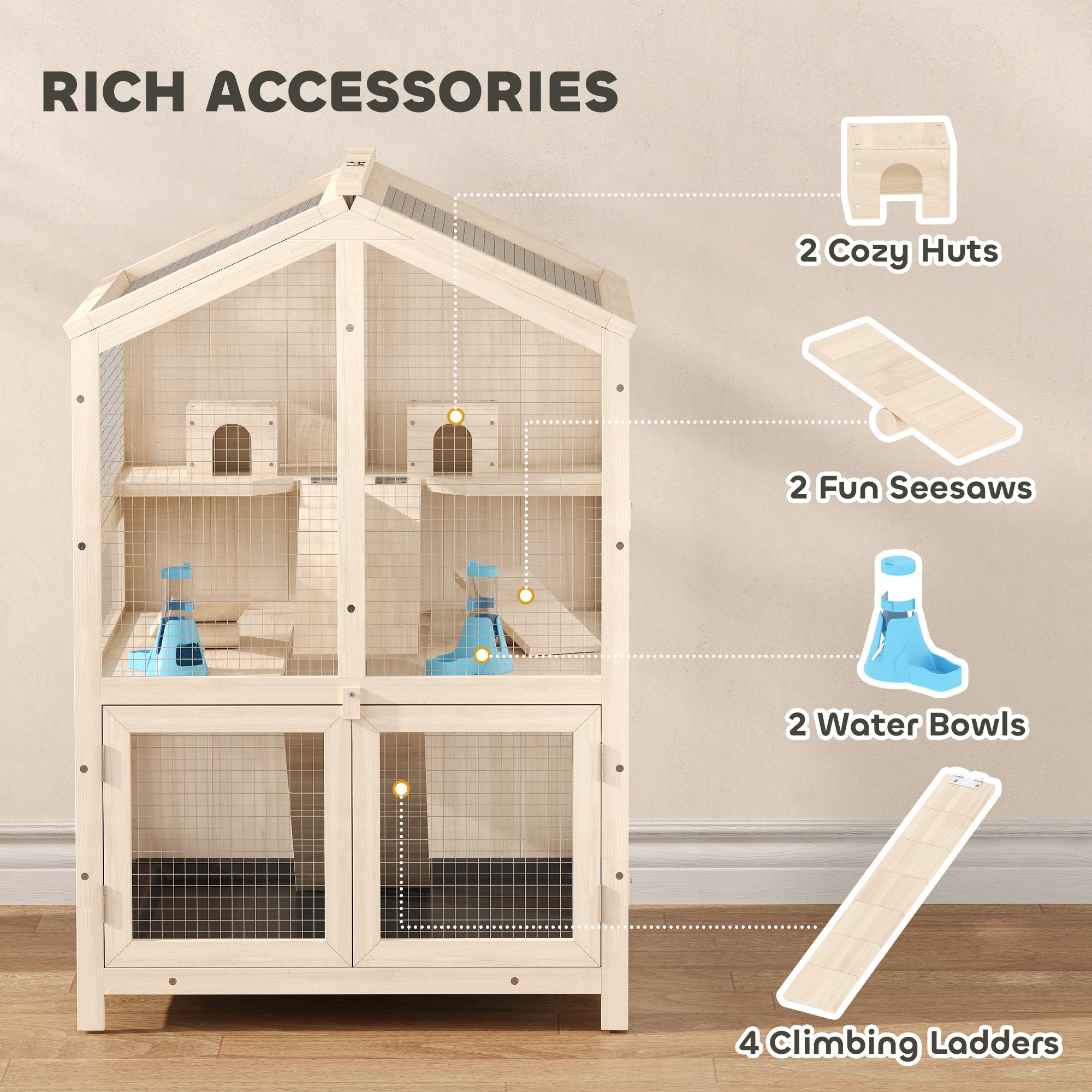 Wooden Hamster Cage, Large 3 Tier Hamster Cage w/ Pull-Out Tray, Openable Top, Hut, Seesaws, 26.8"L x 24.2"W x 35.4"H