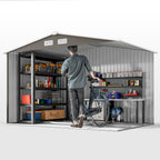 9' x 6' Outdoor Storage Shed, Garden Tool Metal Shed with Foundation Kit, Light Gray