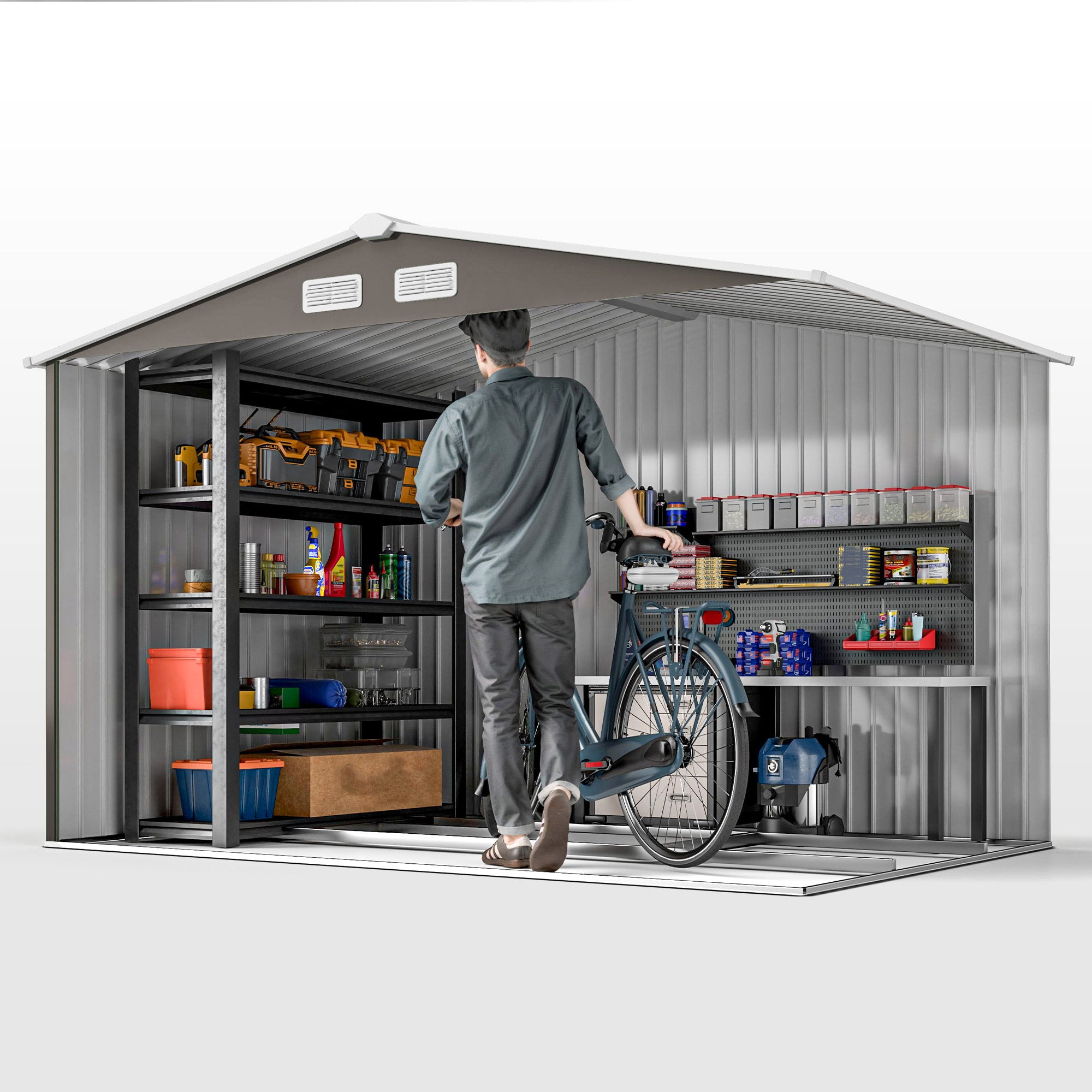 9' x 6' Outdoor Storage Shed, Garden Tool Metal Shed with Foundation Kit, Light Gray