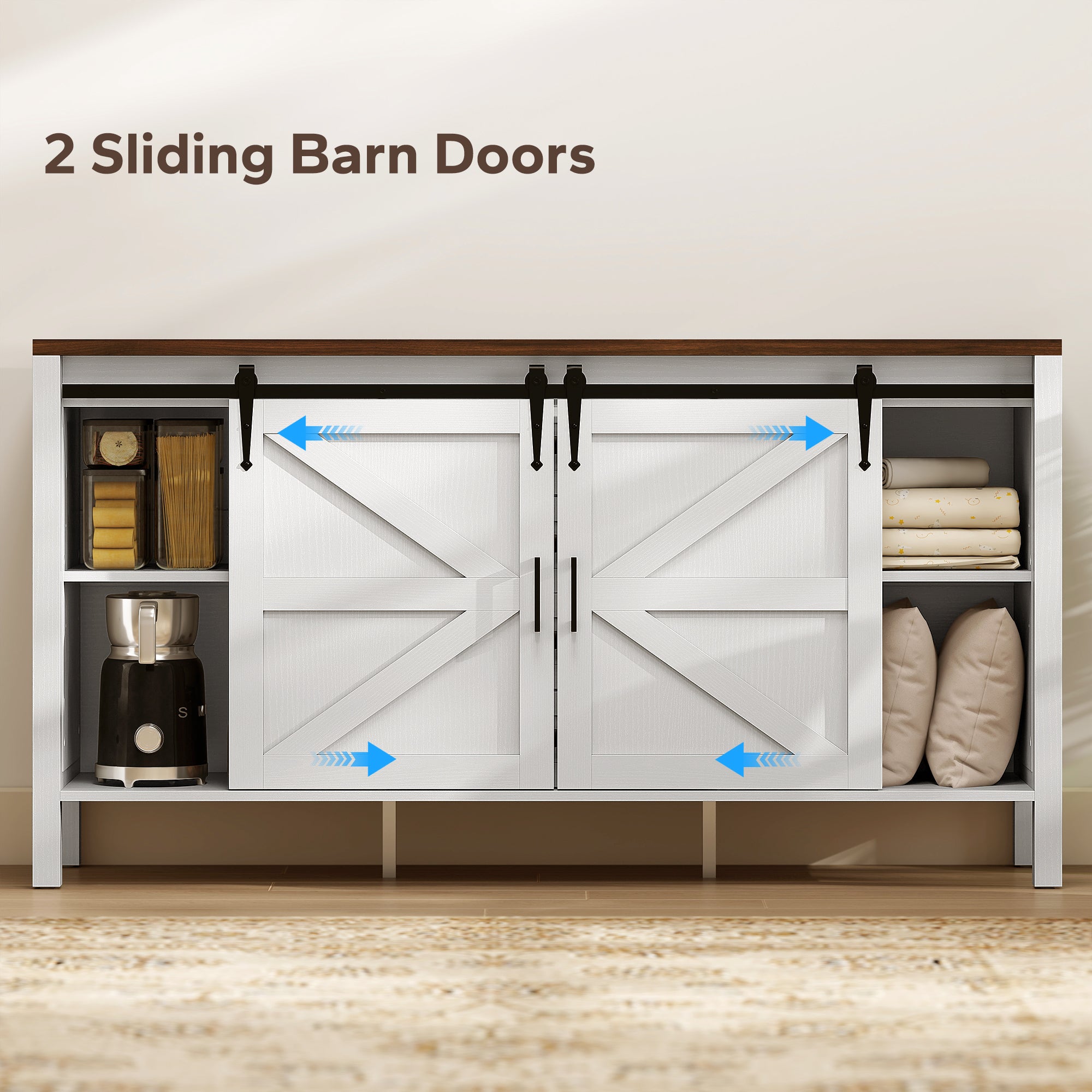 59" Buffet Cabinet, Farmhouse Sideboard with Thick Top, 2 Barn Doors, 4 Drawers and 2 Adjustable Shelves, White