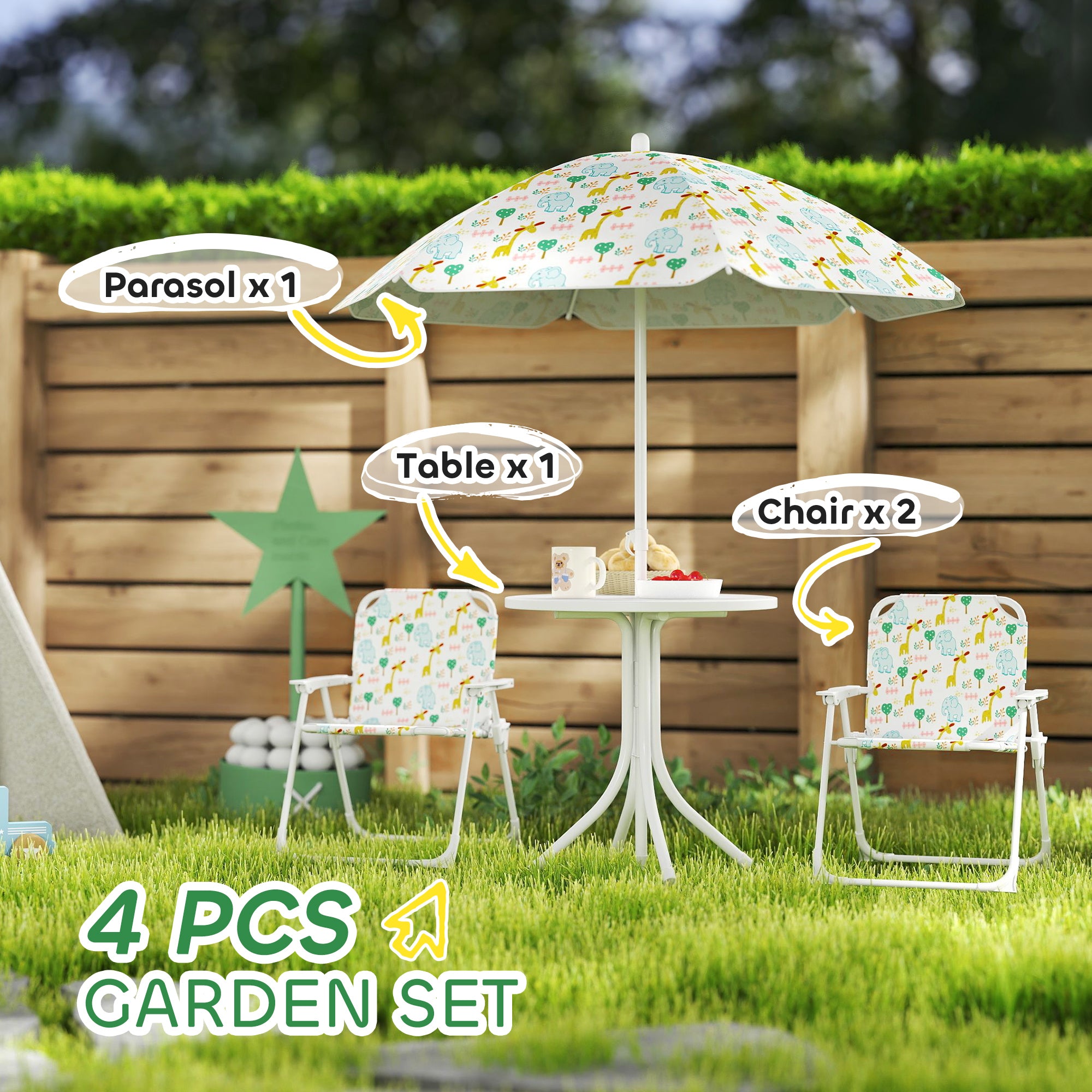 Kids Picnic Table and Chair Set, Outdoor Activity Table with Foldable Chairs, Removable Umbrella for Backyard, White