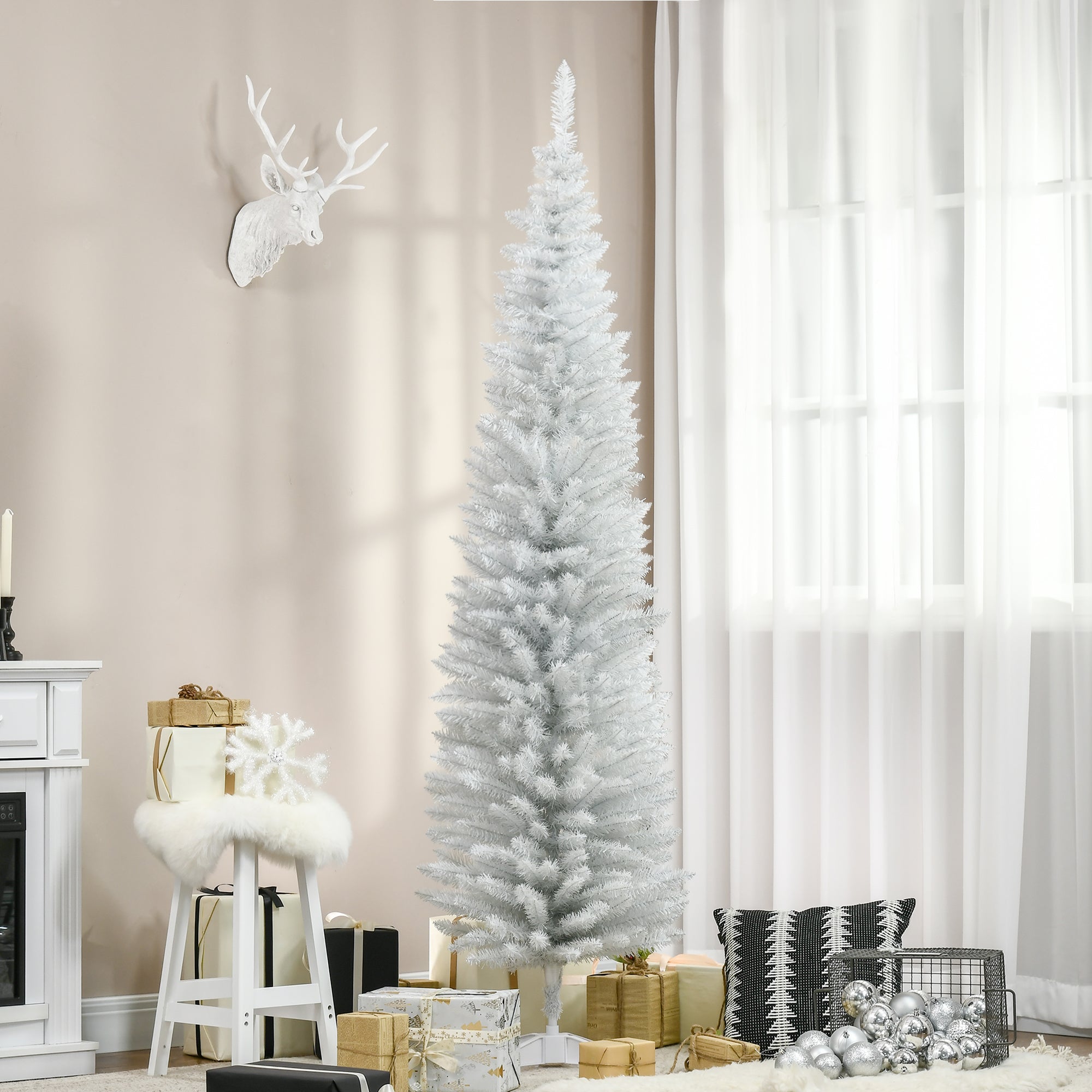 7ft Unlit Pencil Artificial Christmas Tree with Realistic Branches and 499 Tips, Plastic Base, White