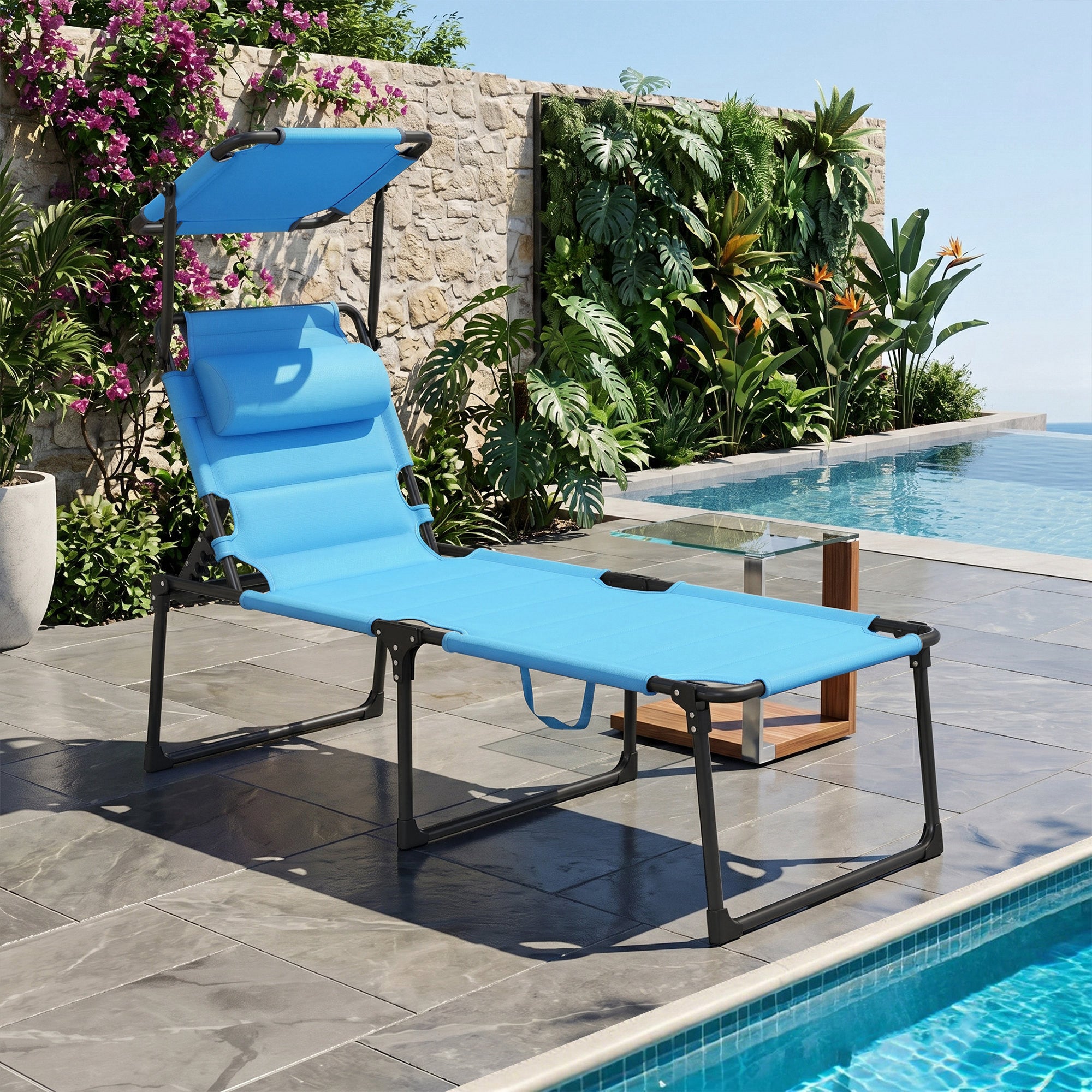 Outdoor Lounge Chair, 4 Position Adjustable Backrest, Folding, Cushioned w/ Sun Shade Roof & Pillow, Blue