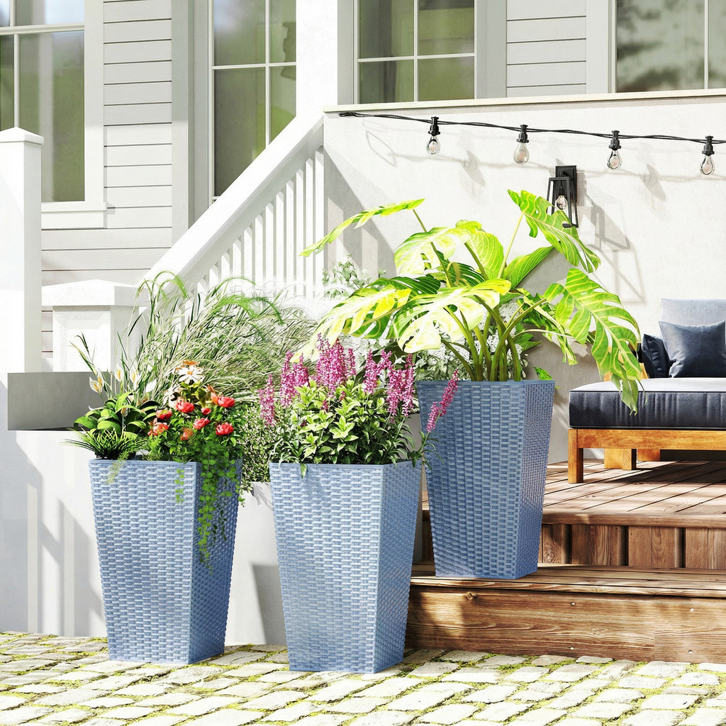 Tall Planters for Outdoor Plants Set of 3, 24 In Taper Planters with Drainage Holes, Rattan Decor Plant Pots, Light Gray