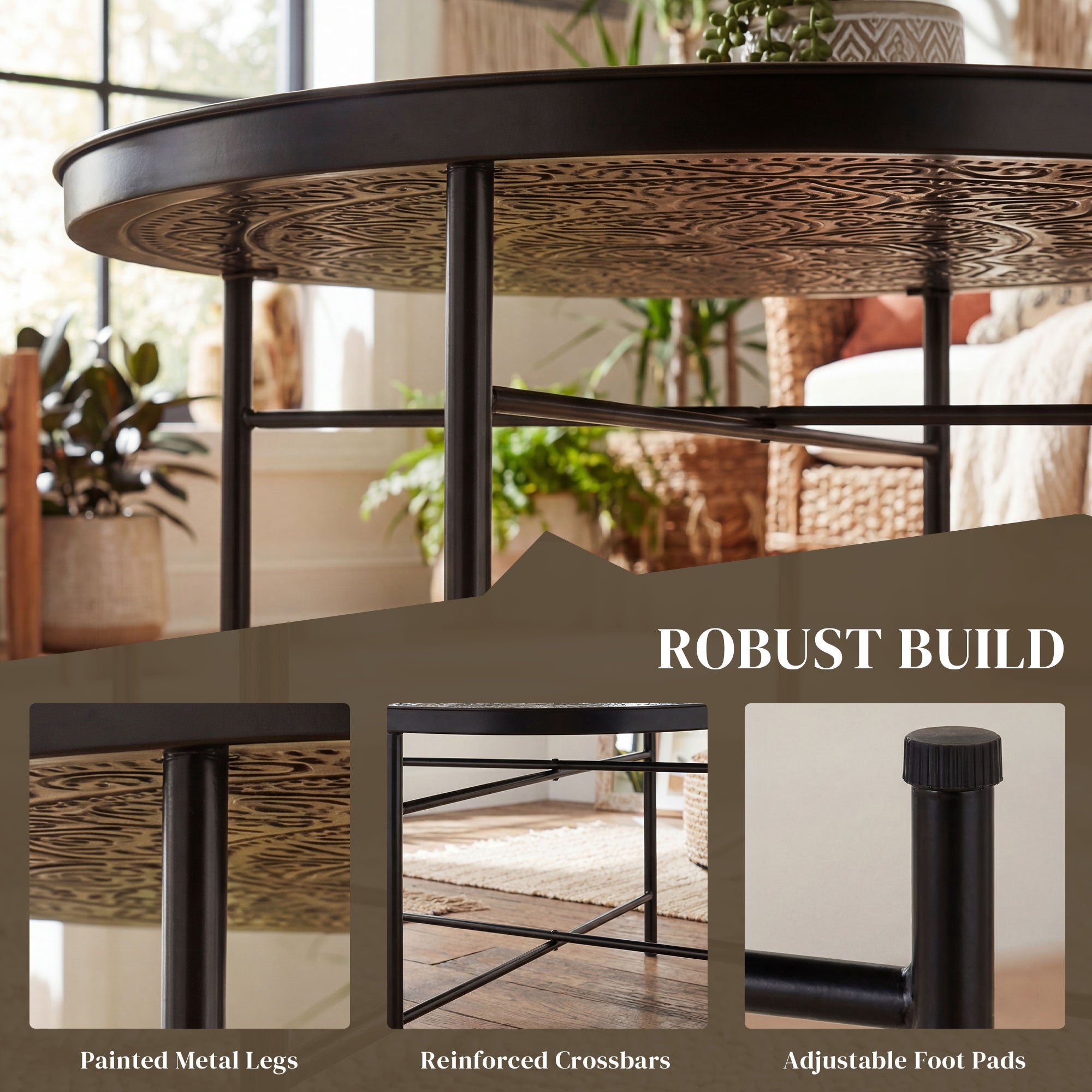 Coffee Table for Living Room, 24" Round Center Table with Hammered Tray Top and Metal Frame for Bedroom, Black