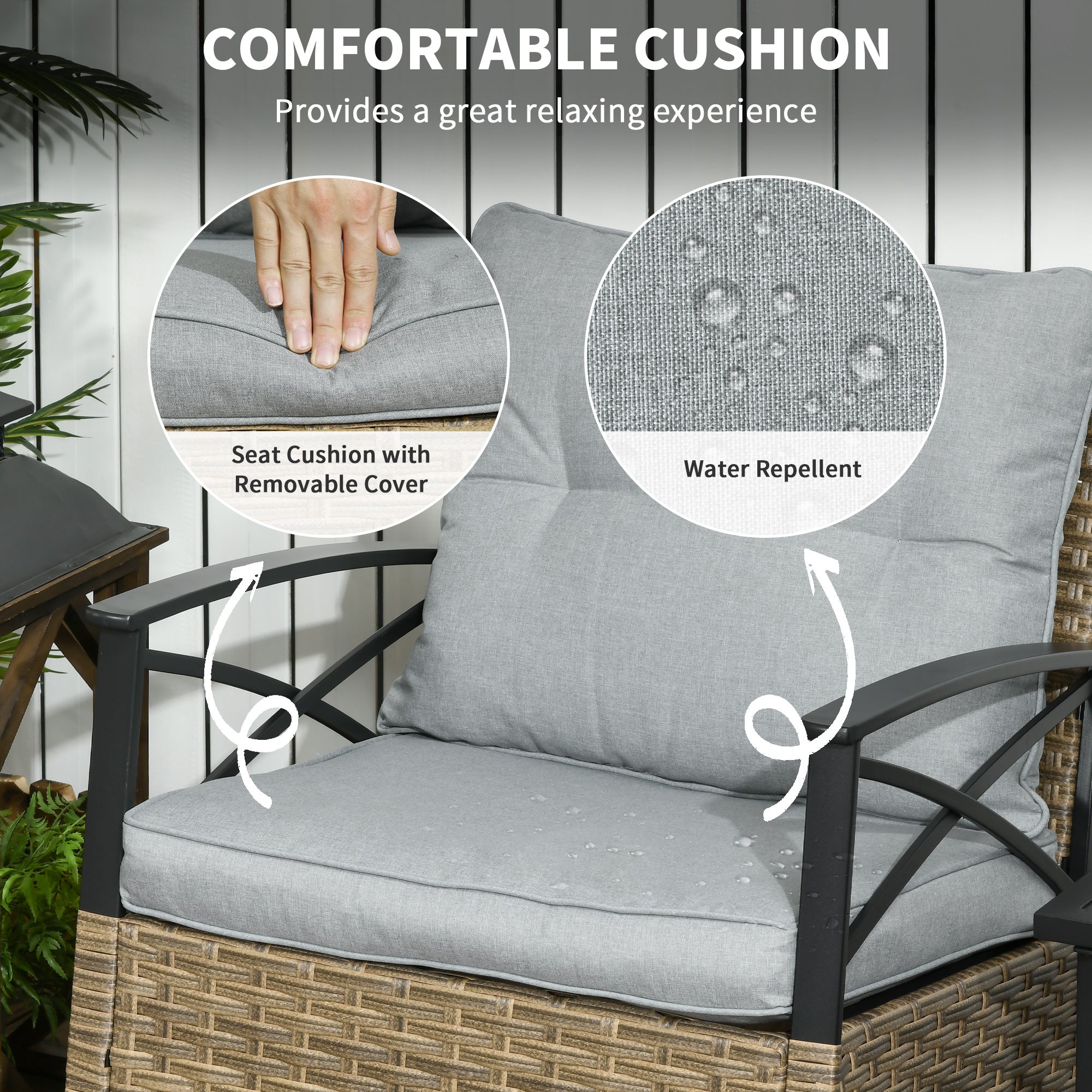 3 Piece Patio Rocking Chair Set, Outdoor Wicker Bistro Set with 2 Oversize Cushioned Porch Rockers and 2 Tier Coffee Table for Garden, Backyard, Light Gray