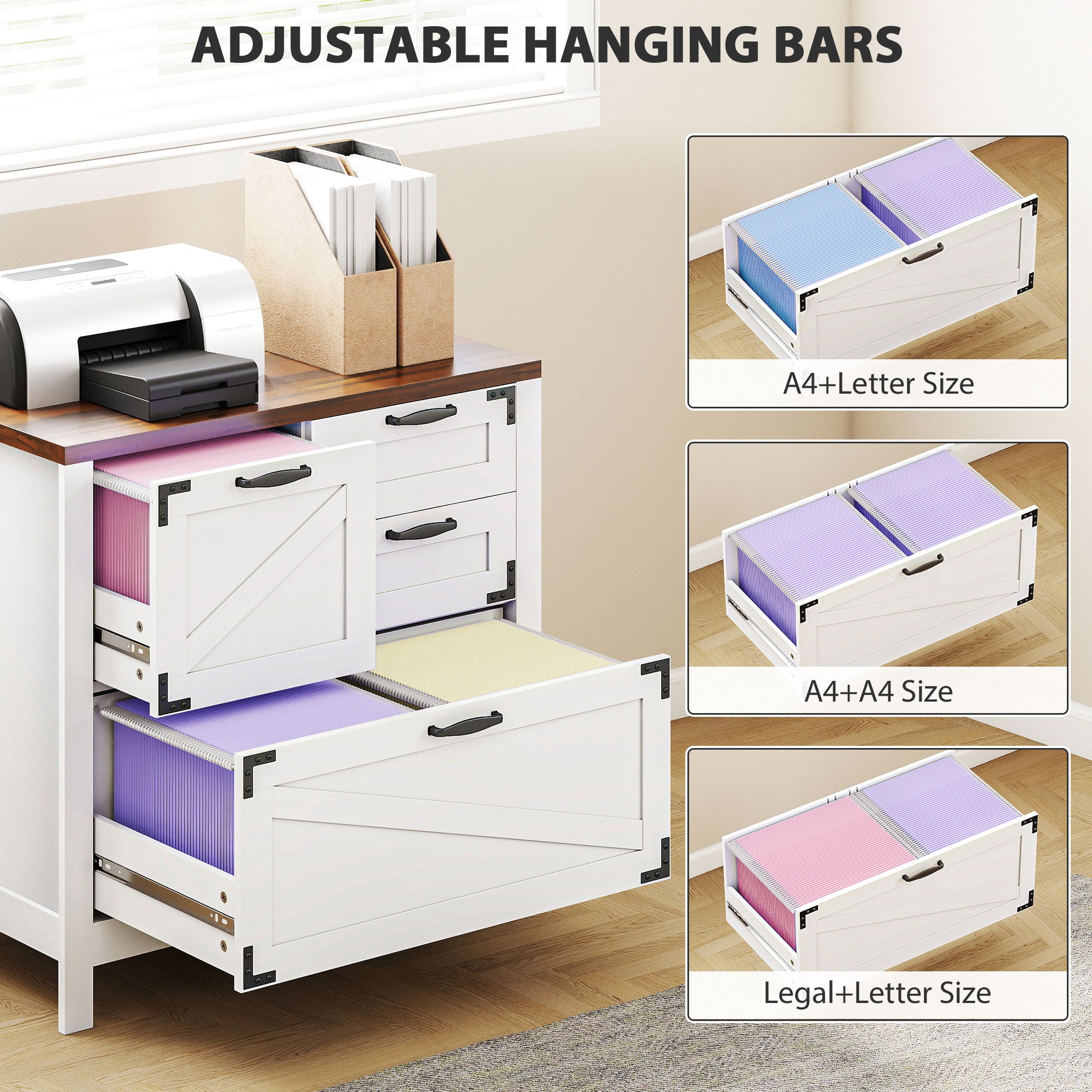 Lateral Filing Cabinet, Farmhouse File Cabinet with 4 Drawers, Fit Letter/A4/Legal Hanging Files, White