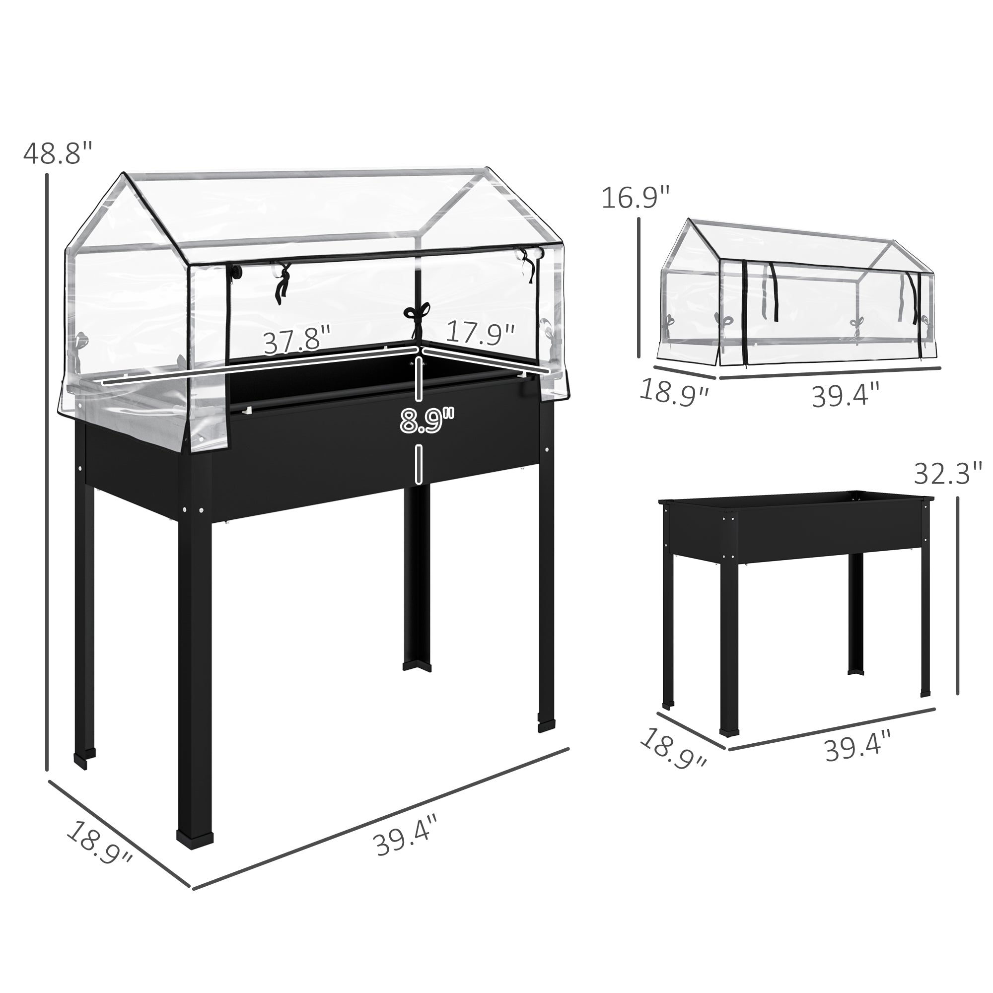 Elevated Garden Box with Greenhouse Cover, Raised Garden Bed with Legs and Drainage Hole for Vegetables, Black