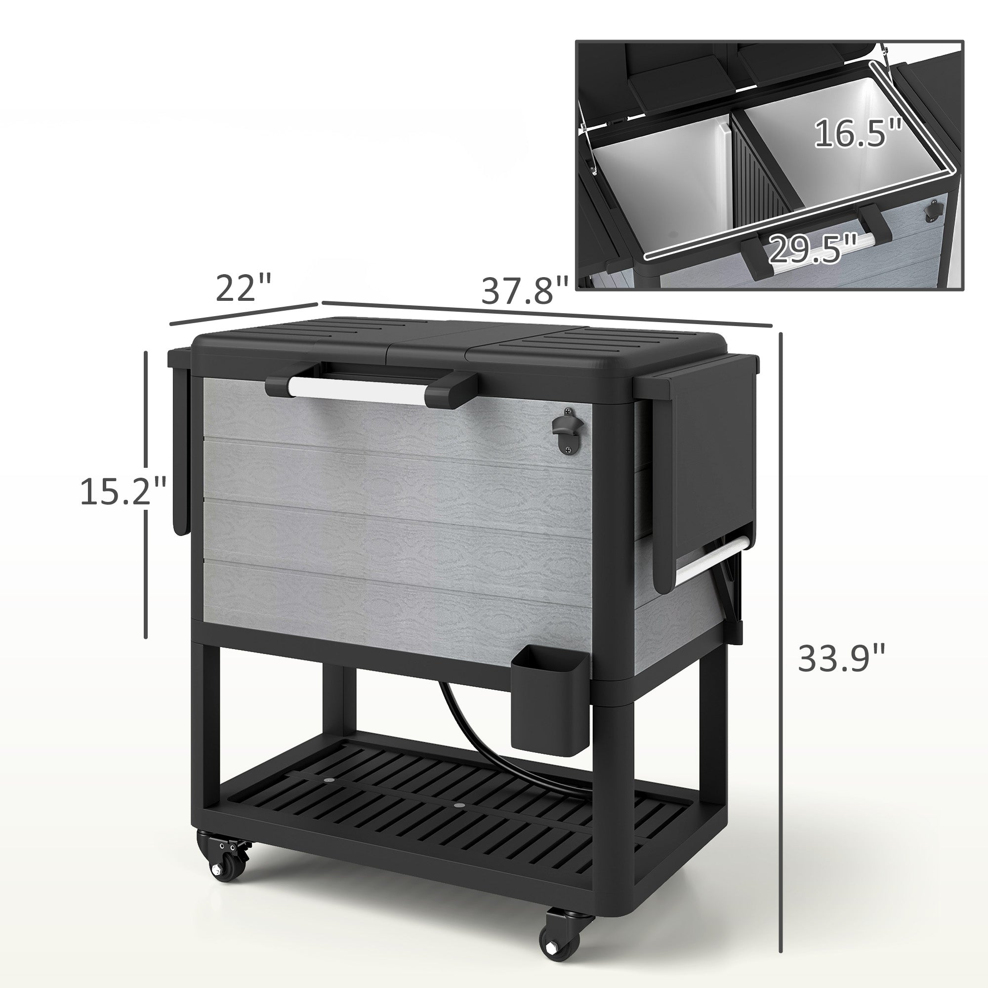 104 Quart Large Capacity Outdoor Cooler Cart, Patio Rolling Ice Chest with Bottle Opener Shelves Wheels, Gray