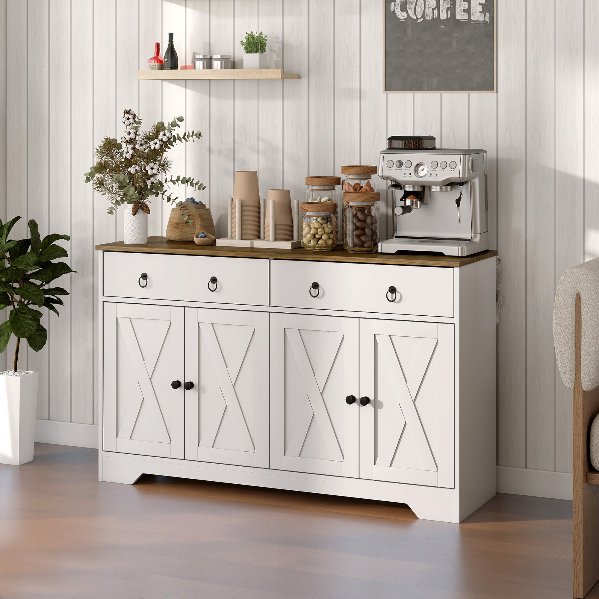 Kitchen Storage Sideboard, Farmhouse Buffet Cabinet with Barn Style Doors, Drawers, Adjustable Shelves, White
