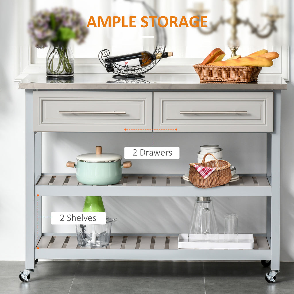 Kitchen Island with Stainless Steel Top, Traditional Kitchen Island with Storage, Butcher Block Cart 2-Tier Open Shelves, Drawers, Light Gray