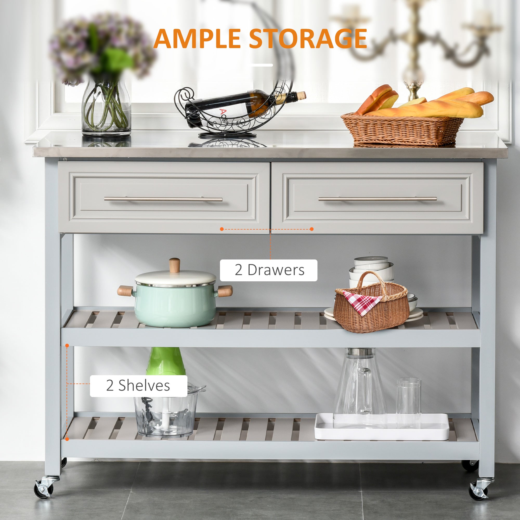Kitchen Island with Stainless Steel Top, Traditional Kitchen Island with Storage, Butcher Block Cart 2-Tier Open Shelves, Drawers, Light Gray