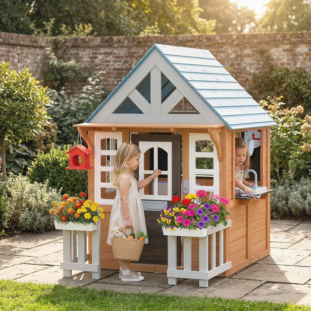 Wooden Kids Playhouse with Pet Door, Play Kitchen, Mailbox, Doorbell, Birdhouse, Fence and Windows for Pretend Play