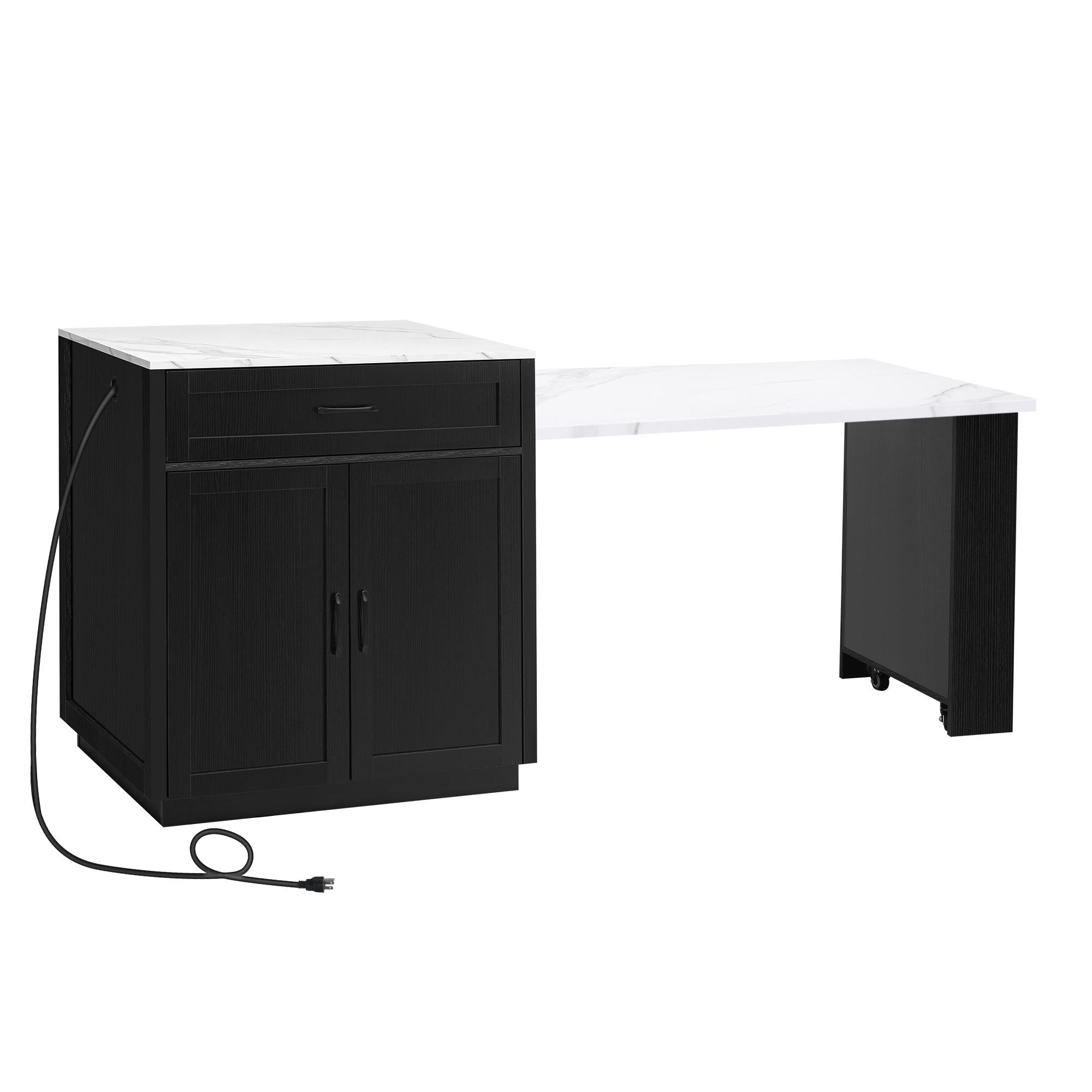 Kitchen Island with Extendable Dining Table for 4-6, Faux Marble Top, Double-Sided Storage, Power Outlet, 2 Drawers, 2 Side Open Shelves, Black