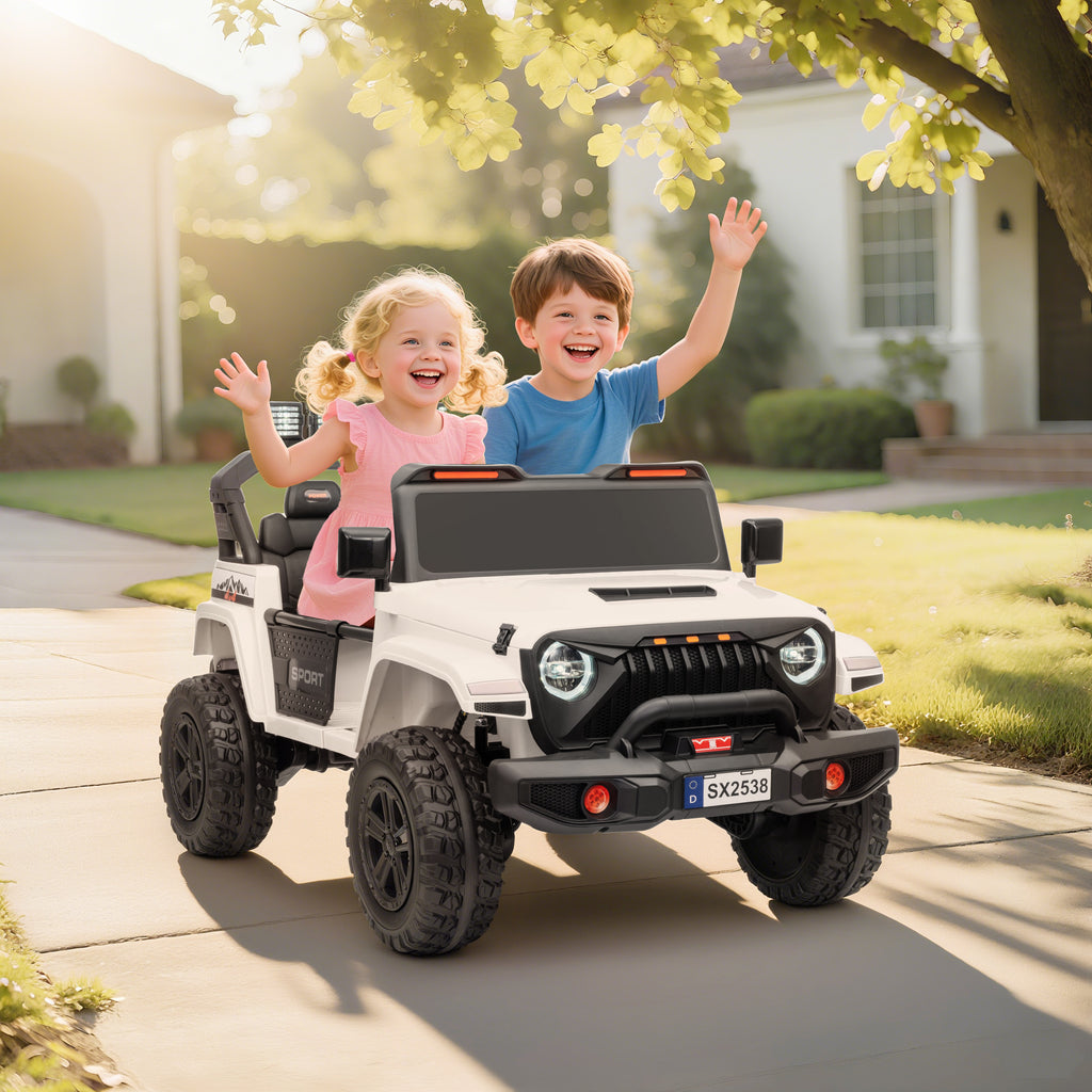 Ride on Truck Car with 2-Seater, 24V Electric Car with 4 Motors, Remote Control, Spring Suspension for 3-8 Years, White