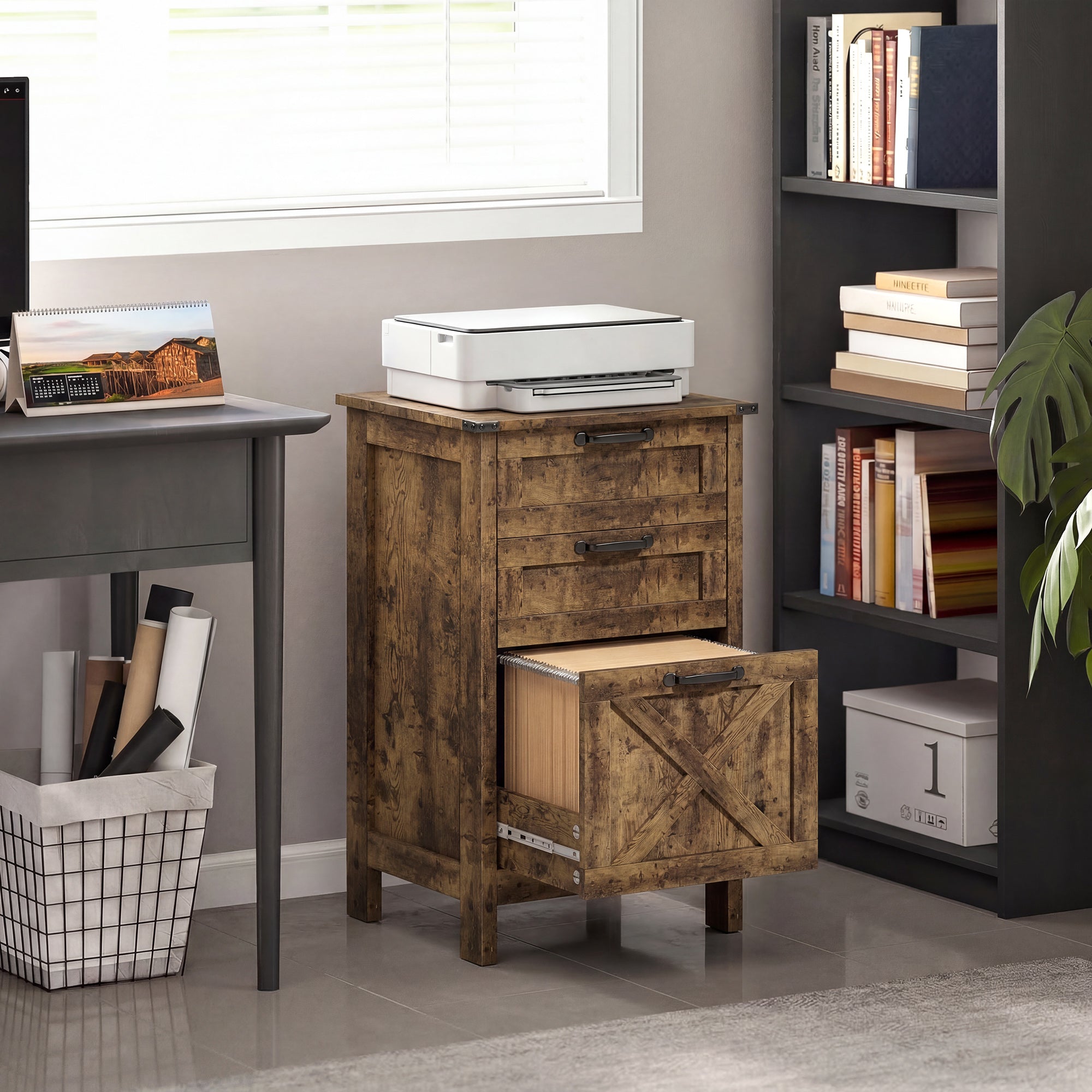 Vertical File Cabinet with 3 Drawers, Rustic Farmhouse Office Storage Cabinet for A4, Letter Size, Rustic Brown