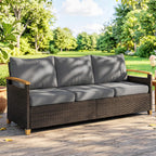 3 Seater Outdoor Couch Sofa, PE Wicker Patio Sofa, Wide Deep Seat, 4" Cushions, Wood-Effect Armrests Legs, Gray