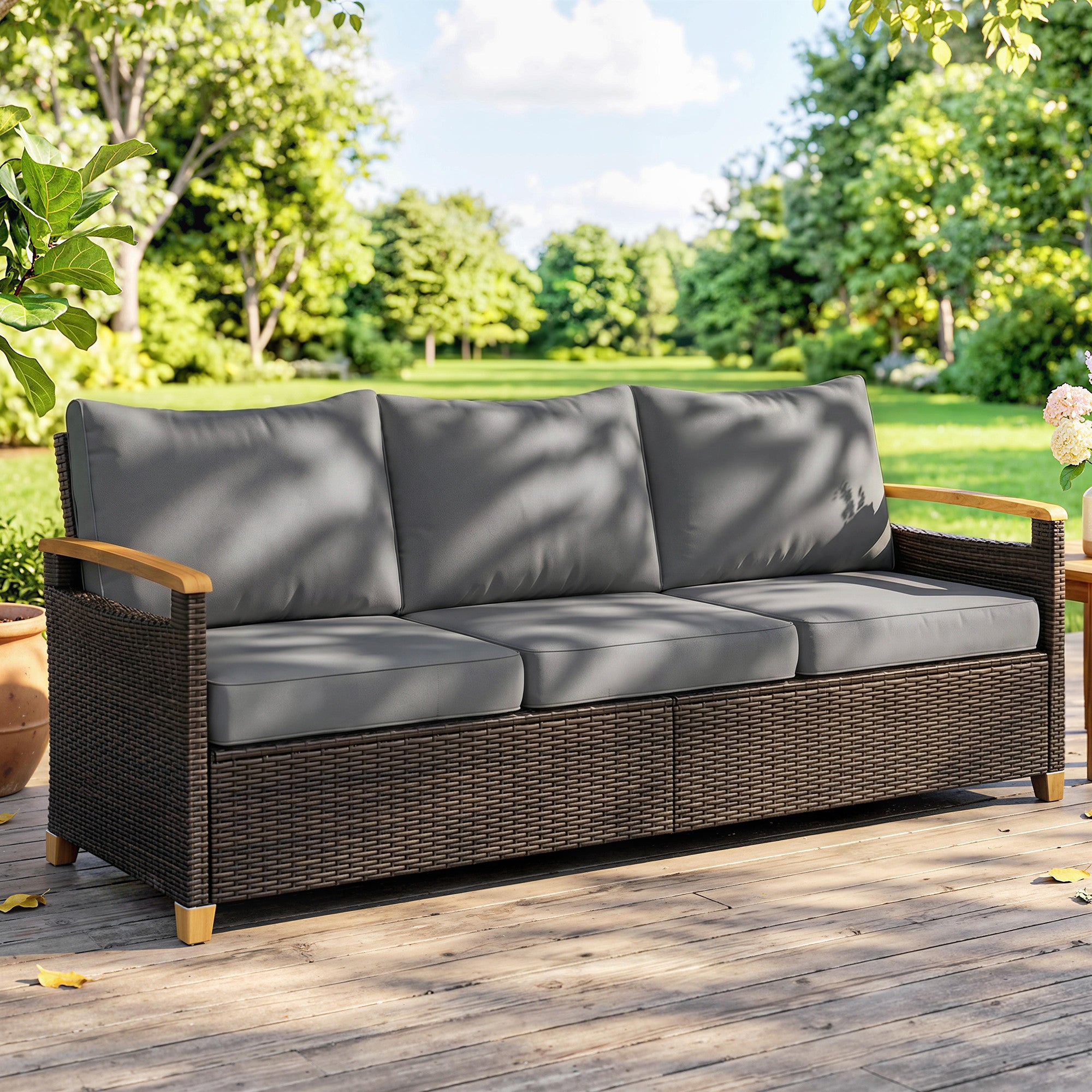 3 Seater Outdoor Couch Sofa, PE Wicker Patio Sofa, Wide Deep Seat, 4" Cushions, Wood-Effect Armrests Legs, Gray