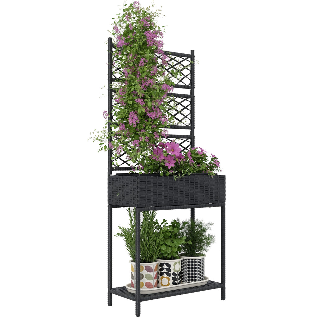 Outdoor Wicker Planter with Trellis for Climbing Plants, Freestanding Rattan Garden Box with Storage Shelf, Black