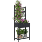 Outdoor Wicker Planter with Trellis for Climbing Plants, Freestanding Rattan Garden Box with Storage Shelf, Black