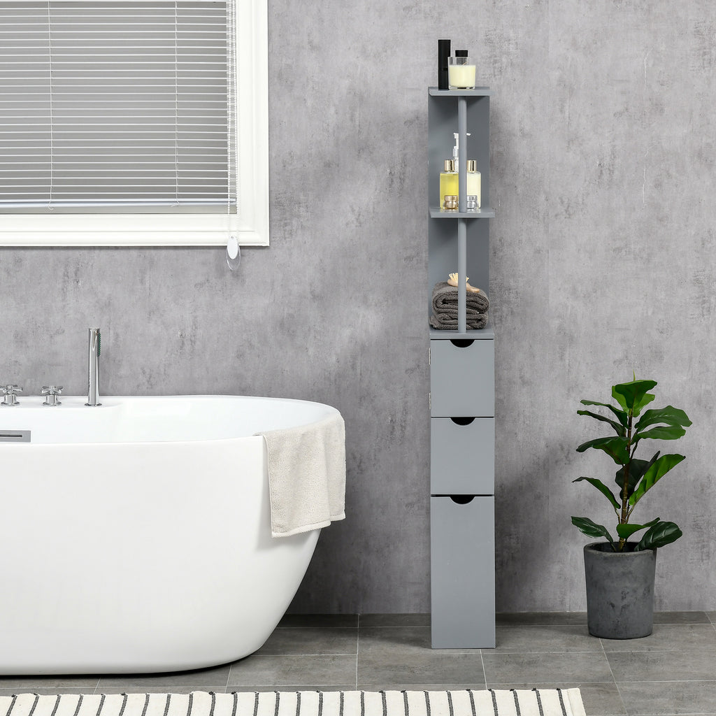 54" Tall Bathroom Storage Cabinet, Freestanding Linen Tower with 2-Tier Shelf and Drawers, Narrow Side Floor Organizer, Grey