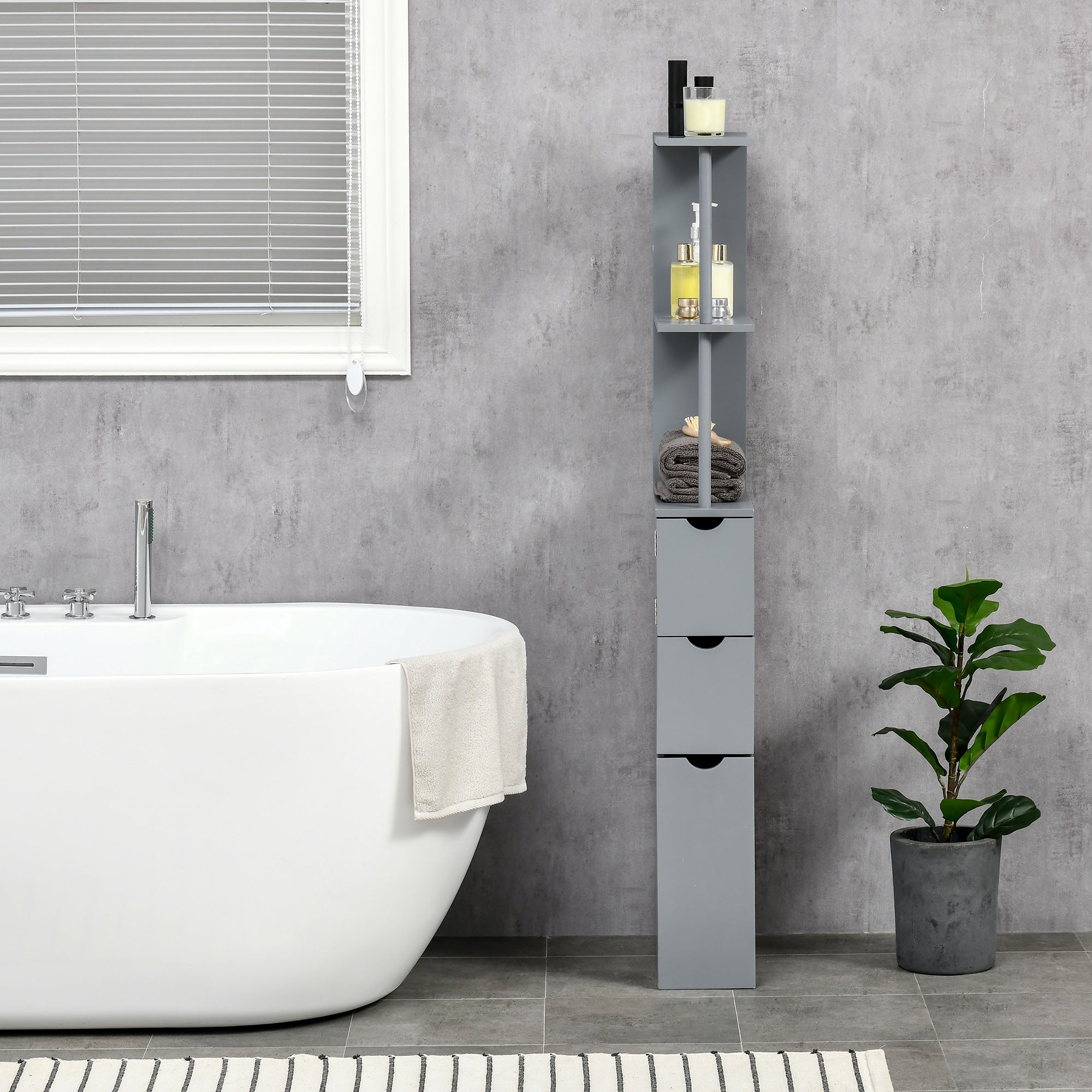 54" Tall Bathroom Storage Cabinet, Freestanding Linen Tower with 2-Tier Shelf and Drawers, Narrow Side Floor Organizer, Grey