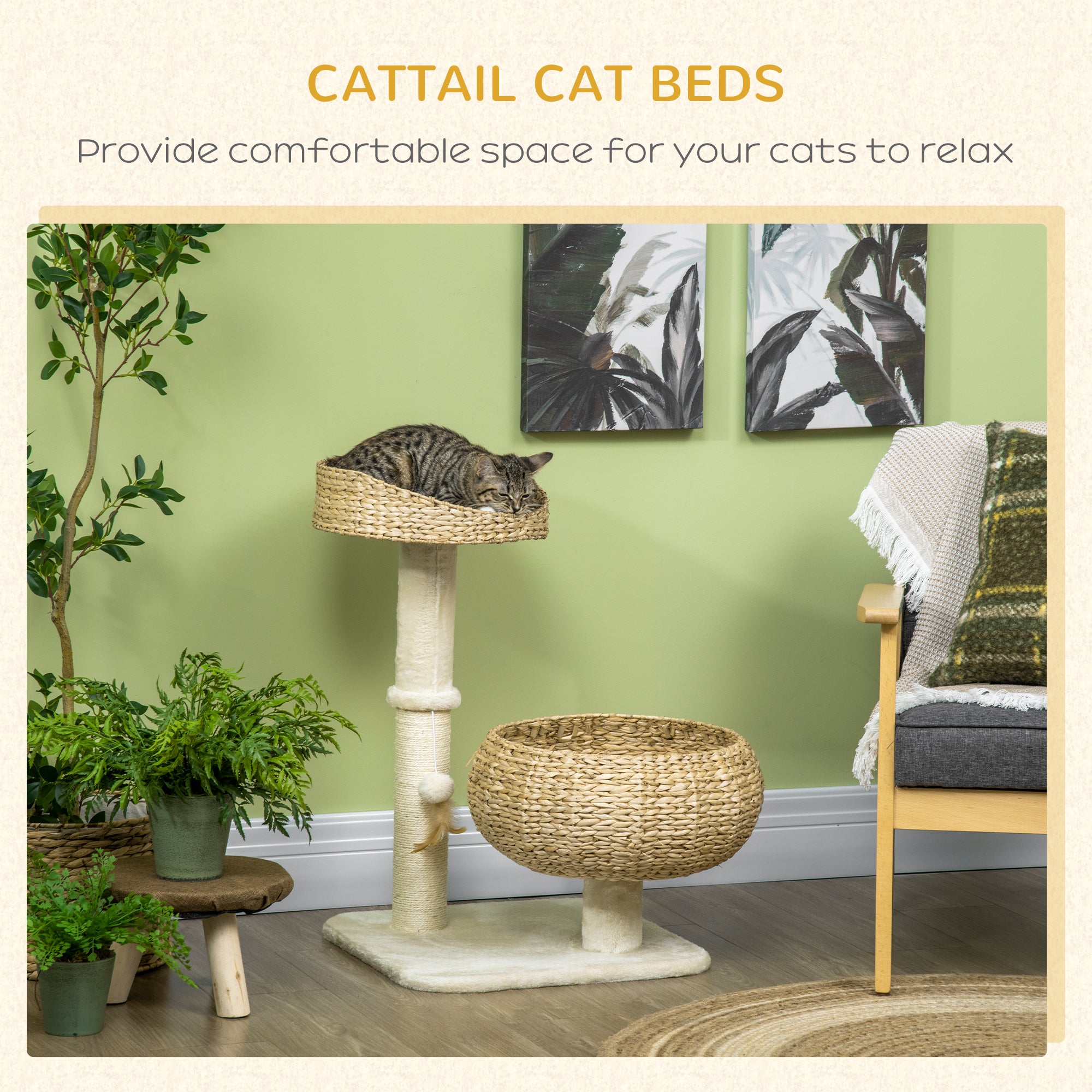 28" Elevated Cat Bed with Sisal Scratching Post for Indoor Kitties, Modern Cat Tree with Cute Basket Design, Small Cat Tree with Fun Ball Toy
