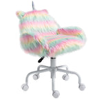Fluffy Unicorn Office Chair with Mid-Back and Armrest Support, 5 Star Swivel Wheel White Base, Rainbow