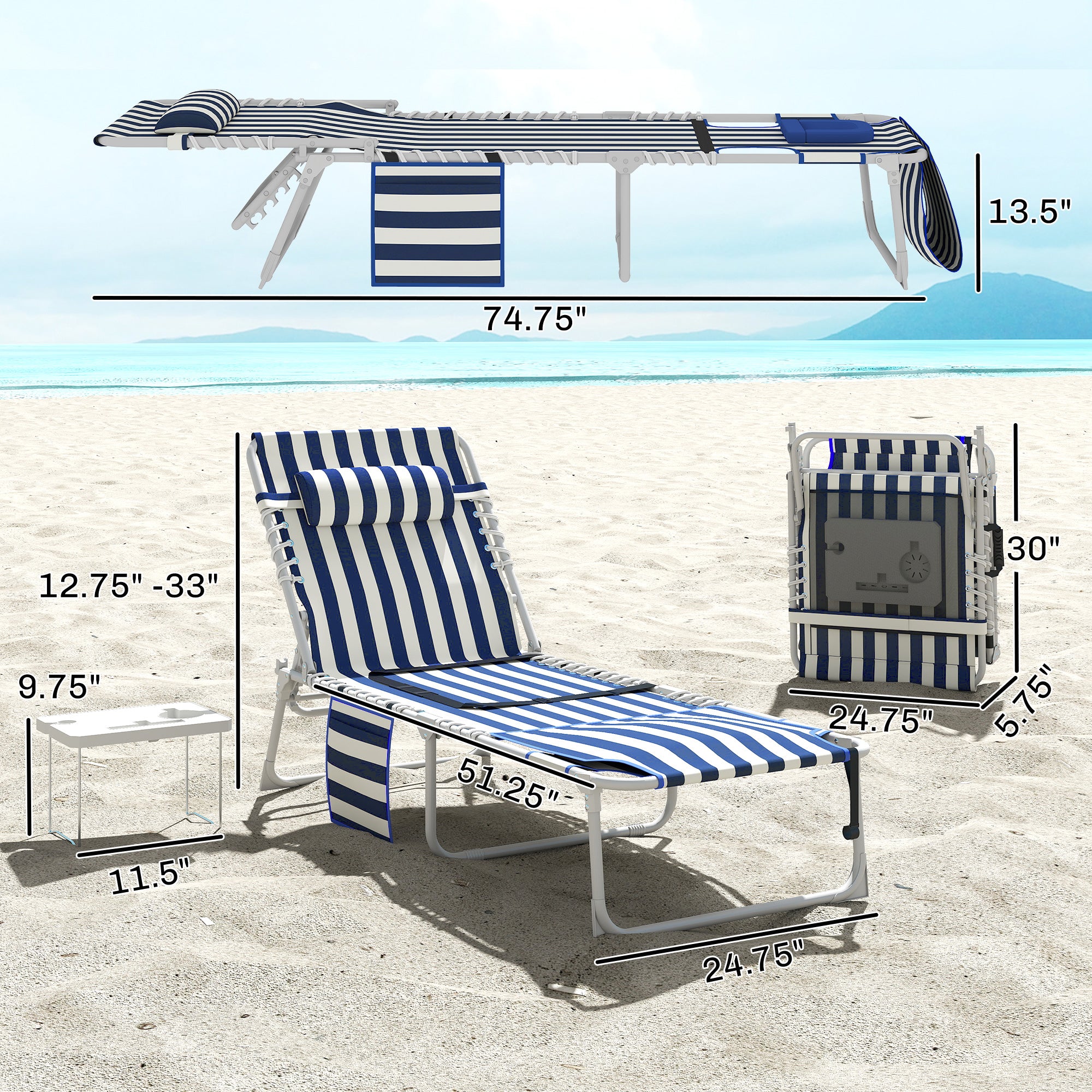 Tanning Chair Set of 2 with Face Hole and Side Table, 5-Position Folding Outdoor Chaise Lounge Chair, Blue and White