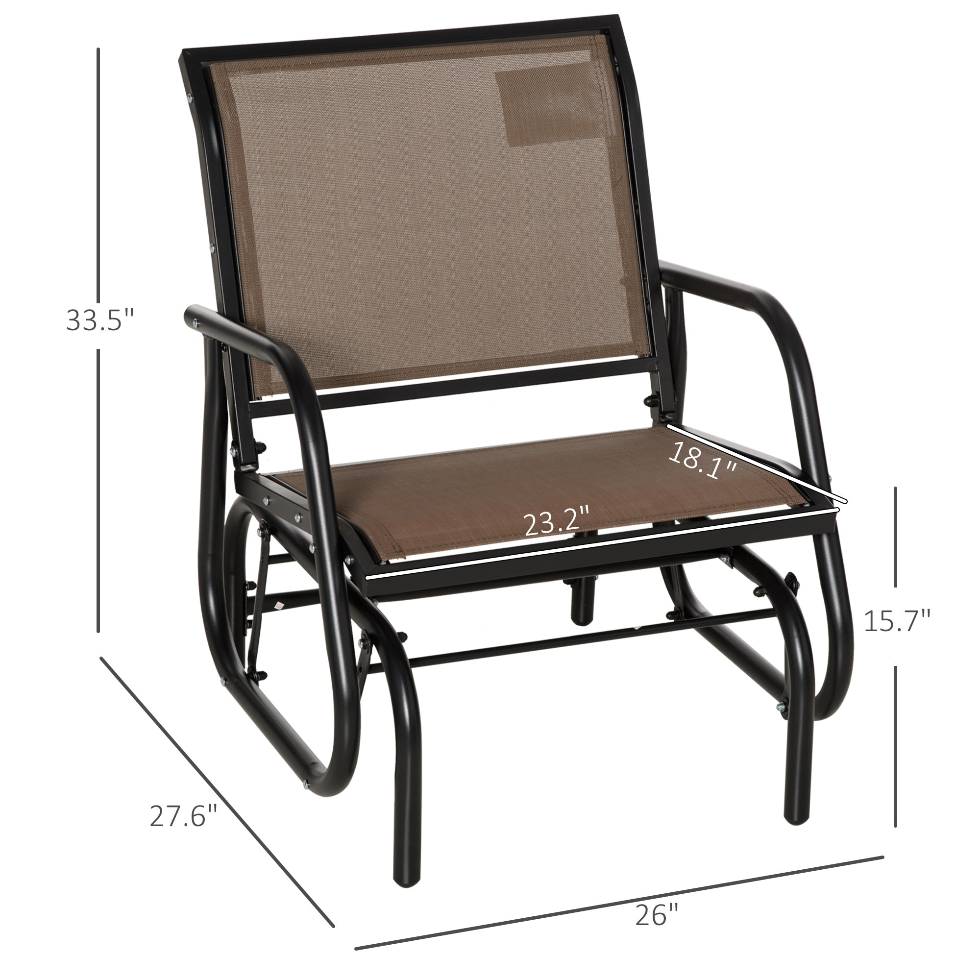 Porch Glider, Metal Frame Swing Glider Chair with Breathable Mesh Fabric, Curved Armrests and Steel Frame for Garden, Poolside, Backyard, Balcony, Brown