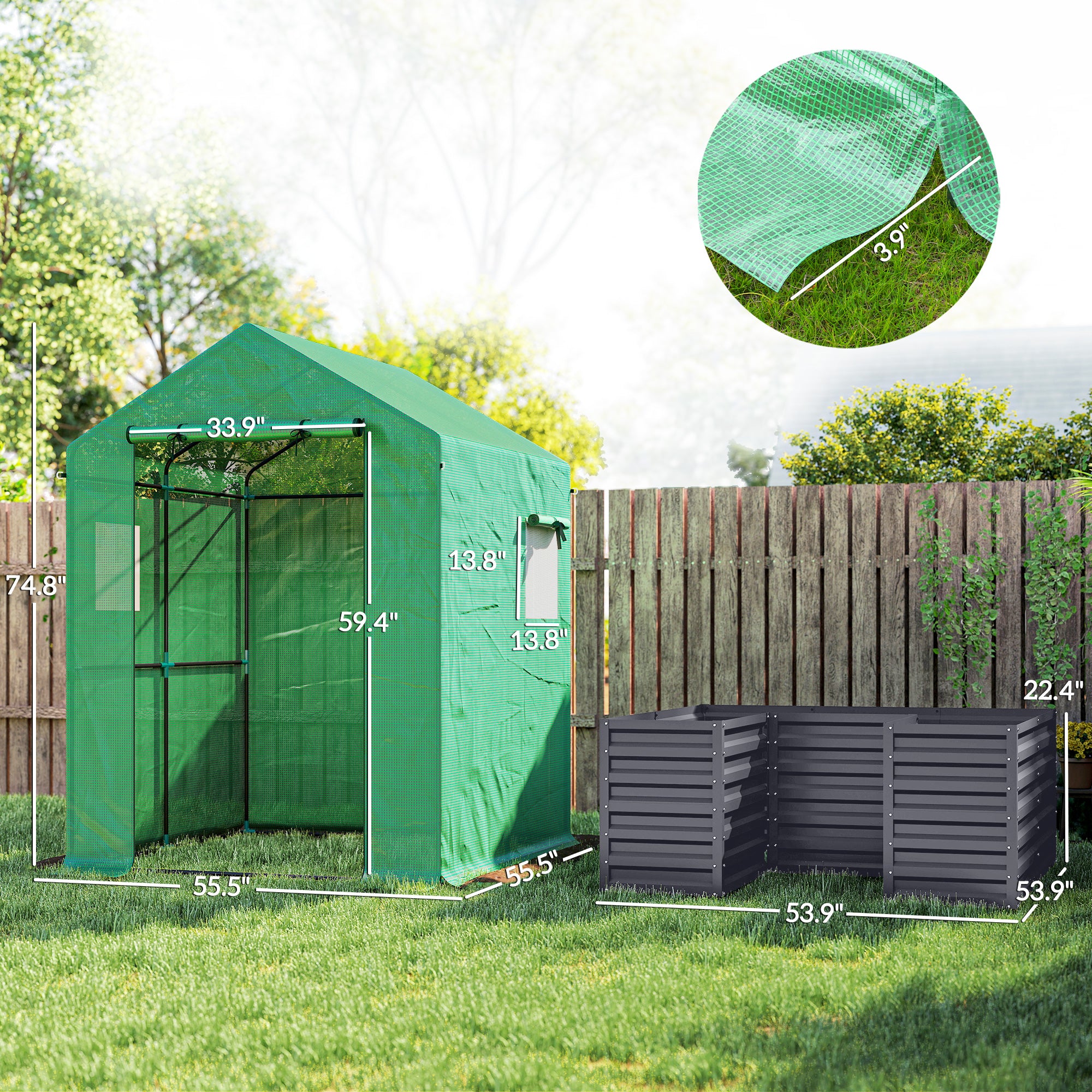Greenhouse with Raised Garden Bed, Galvanized Steel Outdoor Greenhouse with Roll Up Door, 56" x 56" x 75", Dark Gray