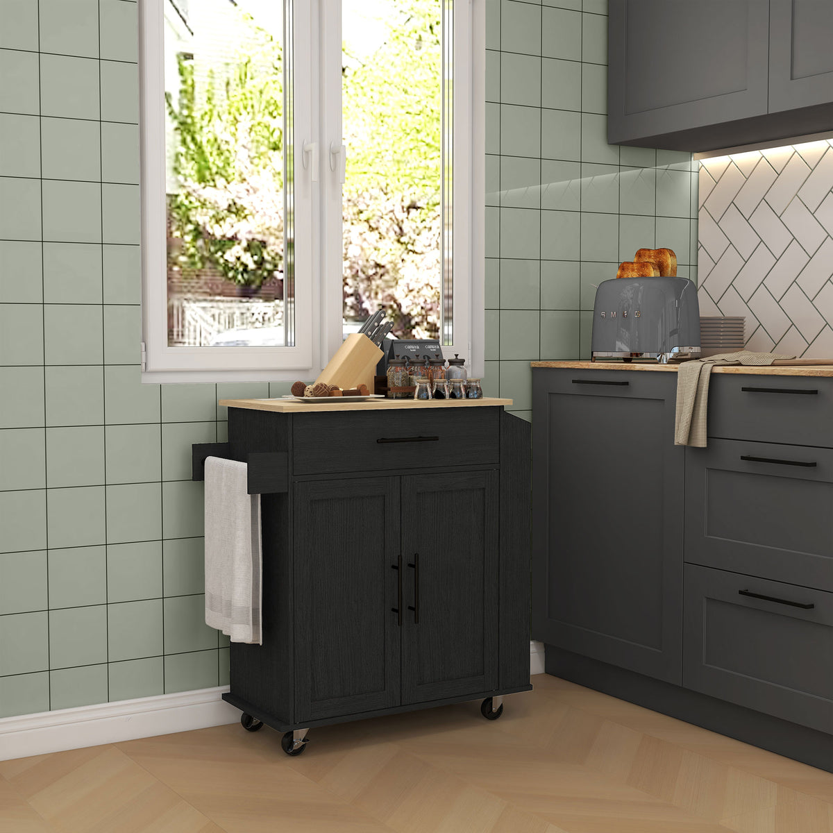 Rolling Island with Wheels for Kitchen, Kitchen Island on Rollers with Power Outlets, Drawer, and Doors, Black