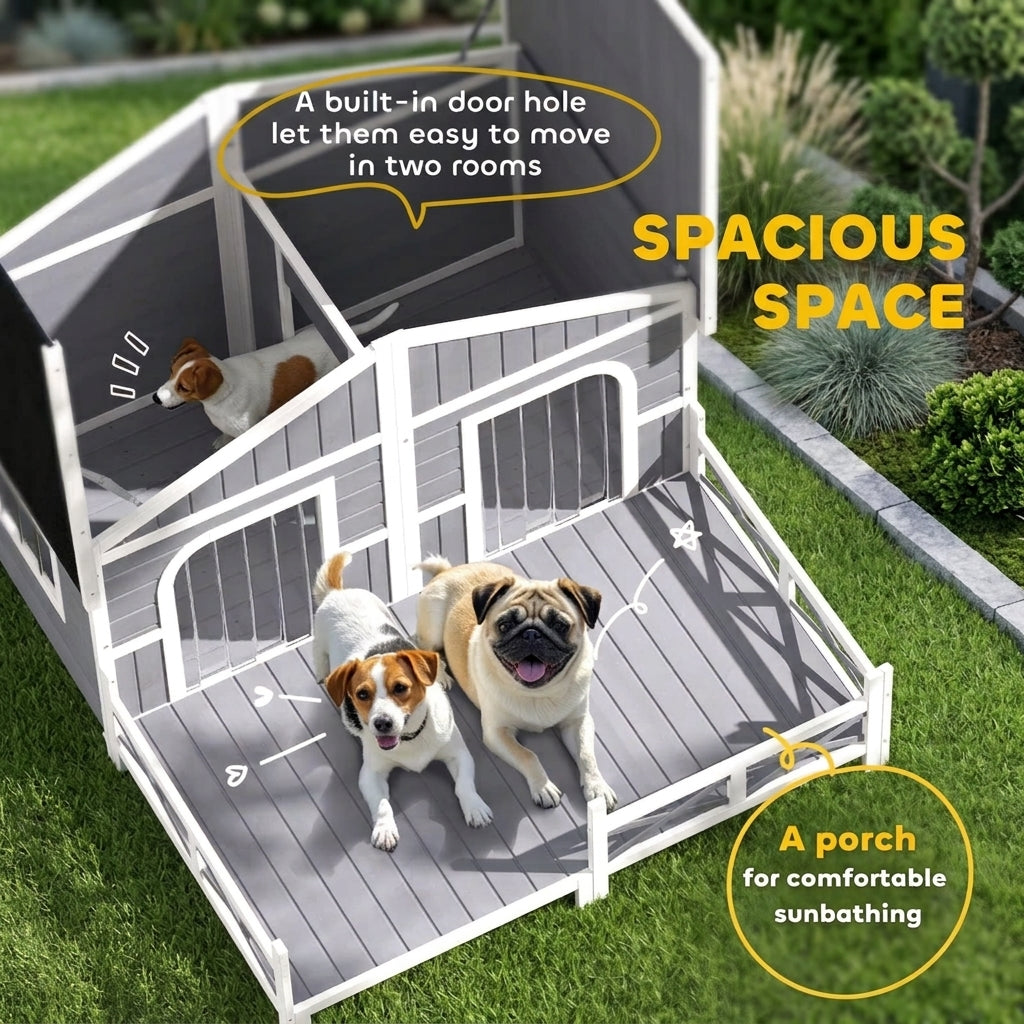 Dog House Outdoor, Wooden Dog Kennel Weatherproof with Porch, Openable Roof, Removable Bottom, Elevated Floor, Double Room for 2 Small to Medium Breeds, Gray