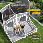 Dog House Outdoor, Wooden Dog Kennel Weatherproof with Porch, Openable Roof, Removable Bottom, Elevated Floor, Double Room for 2 Small to Medium Breeds, Gray